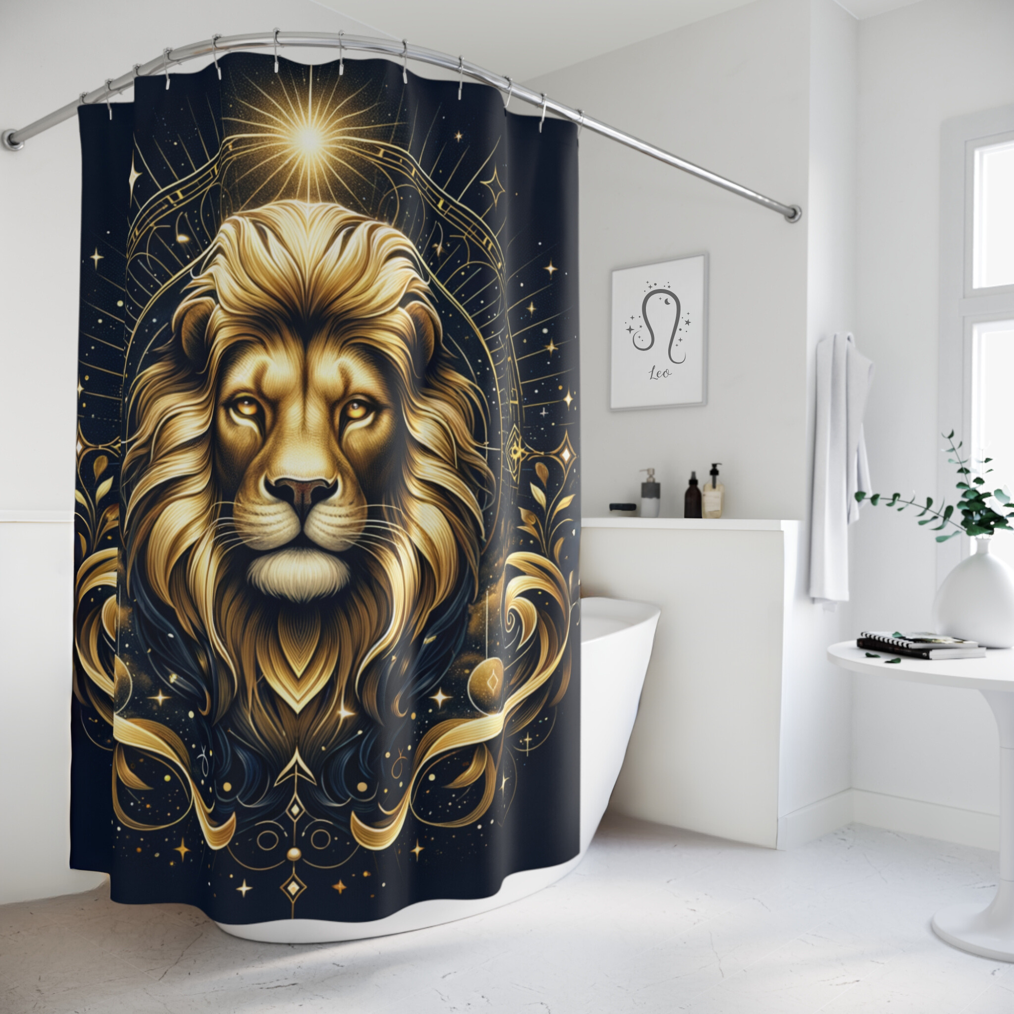 Celestial Gold Lion – Mystical Zodiac Shower Curtain