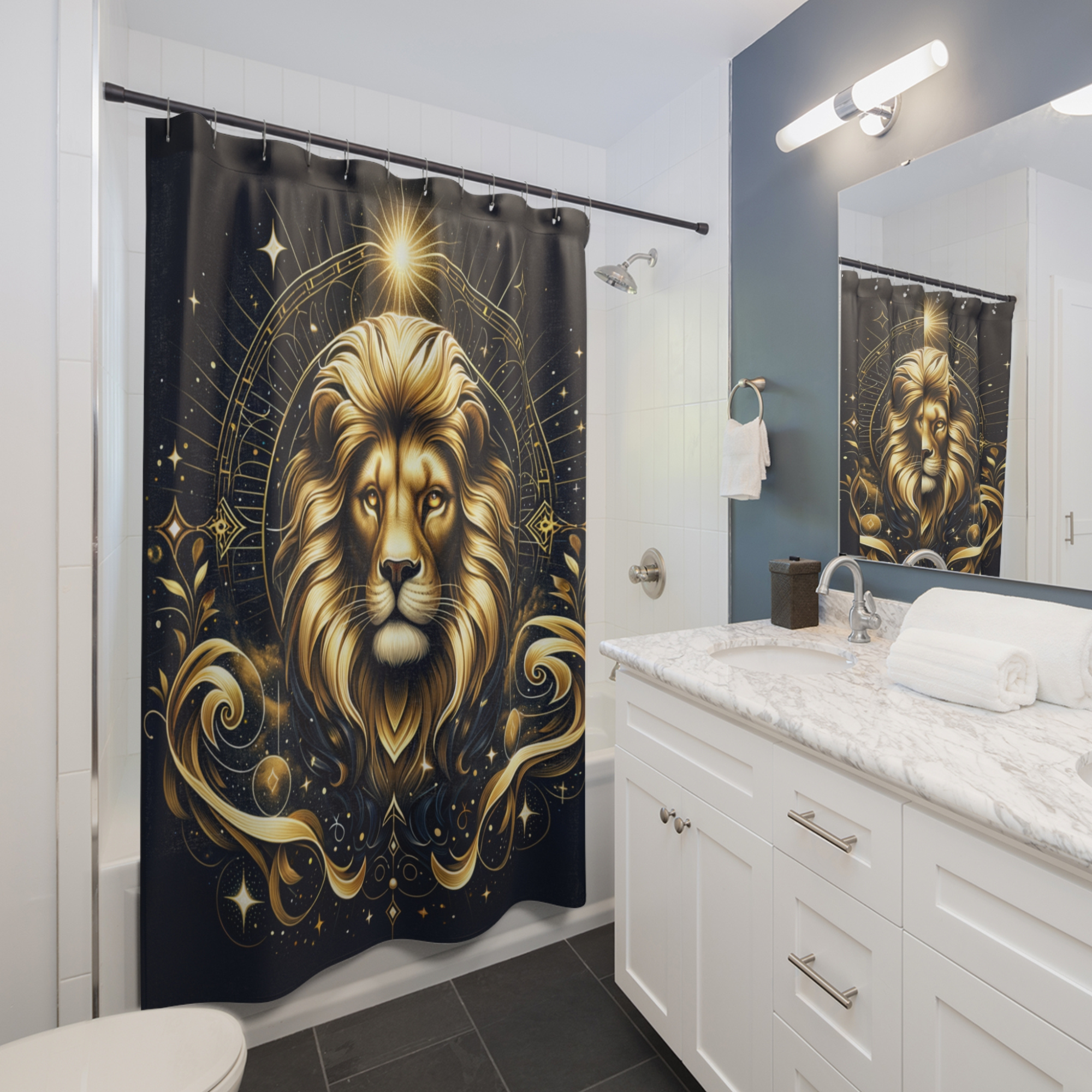 Celestial Gold Lion – Mystical Zodiac Shower Curtain