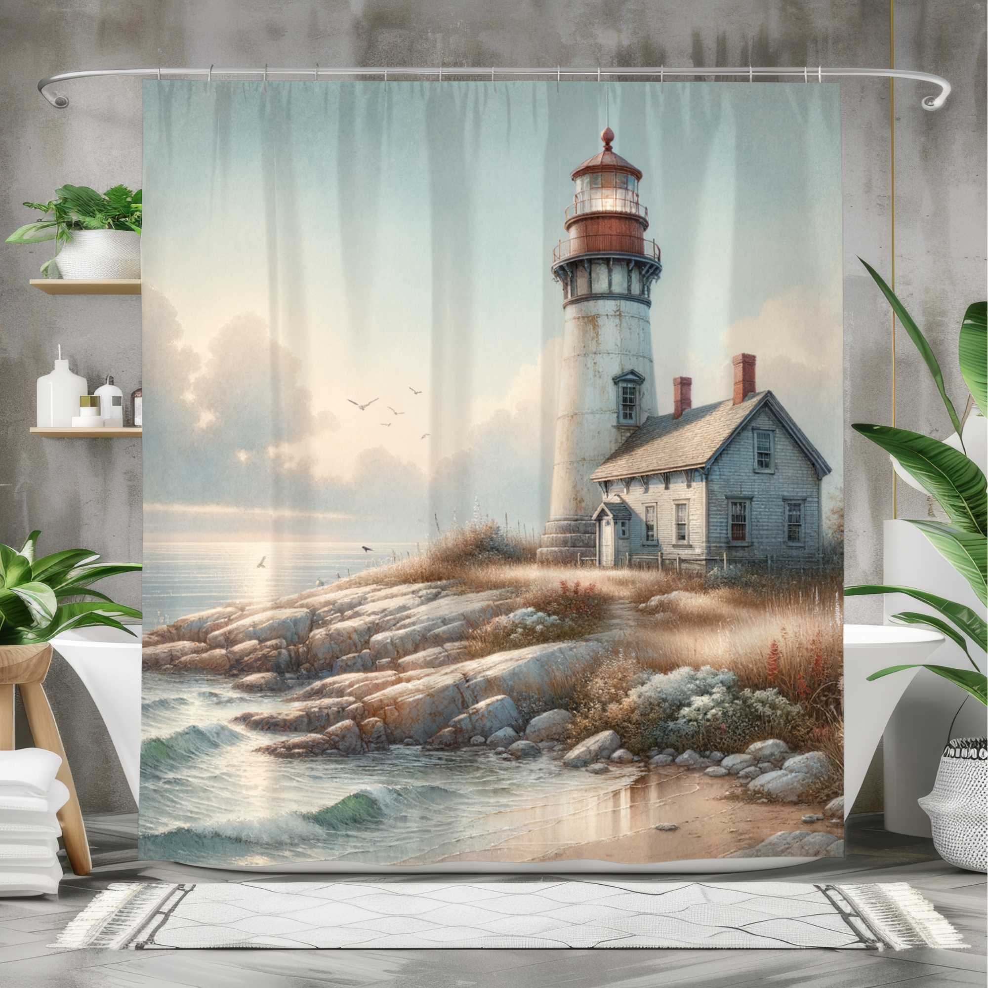 Seaside Lighthouse at Dawn – Vintage Coastal Shower Curtain