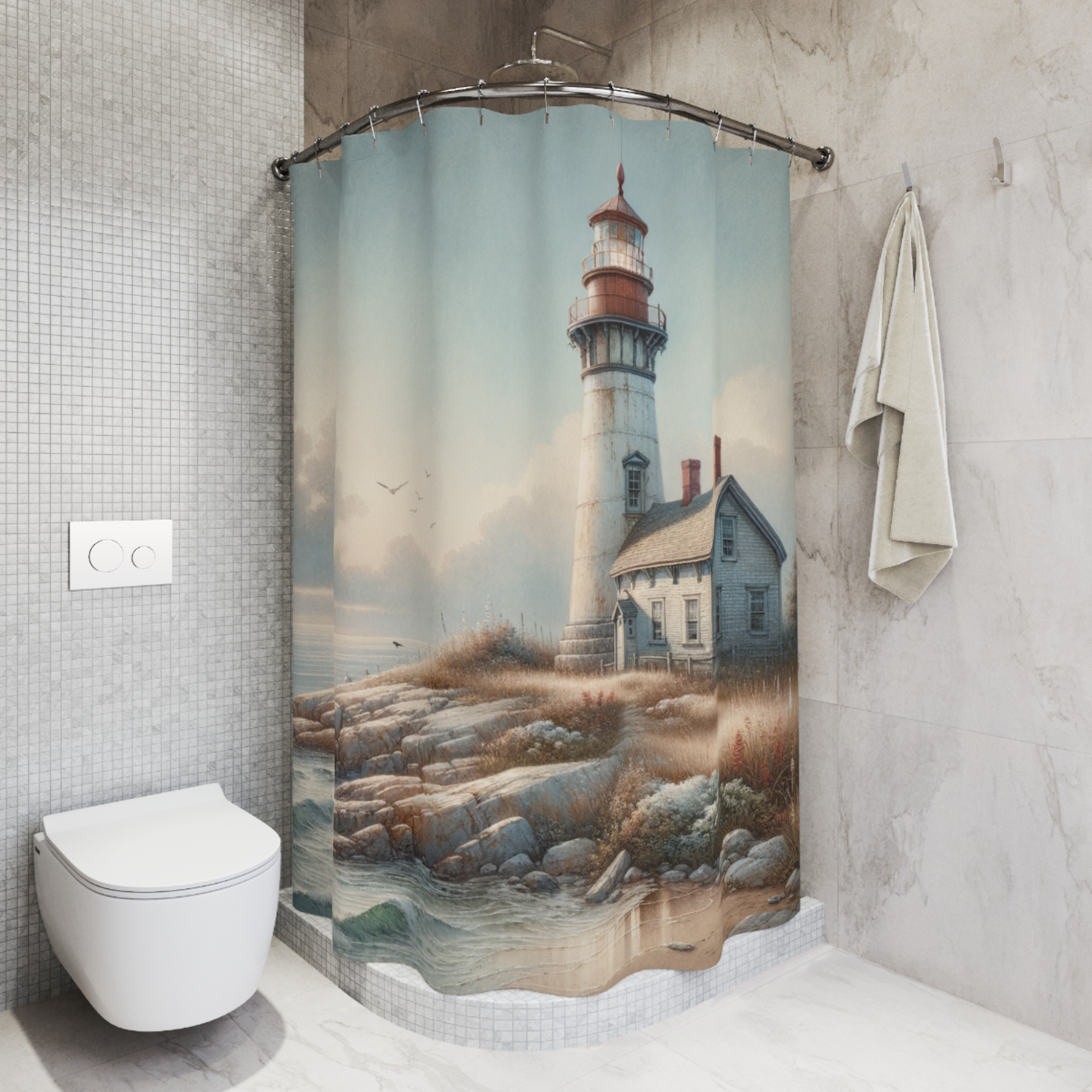 Seaside Lighthouse at Dawn – Vintage Coastal Shower Curtain