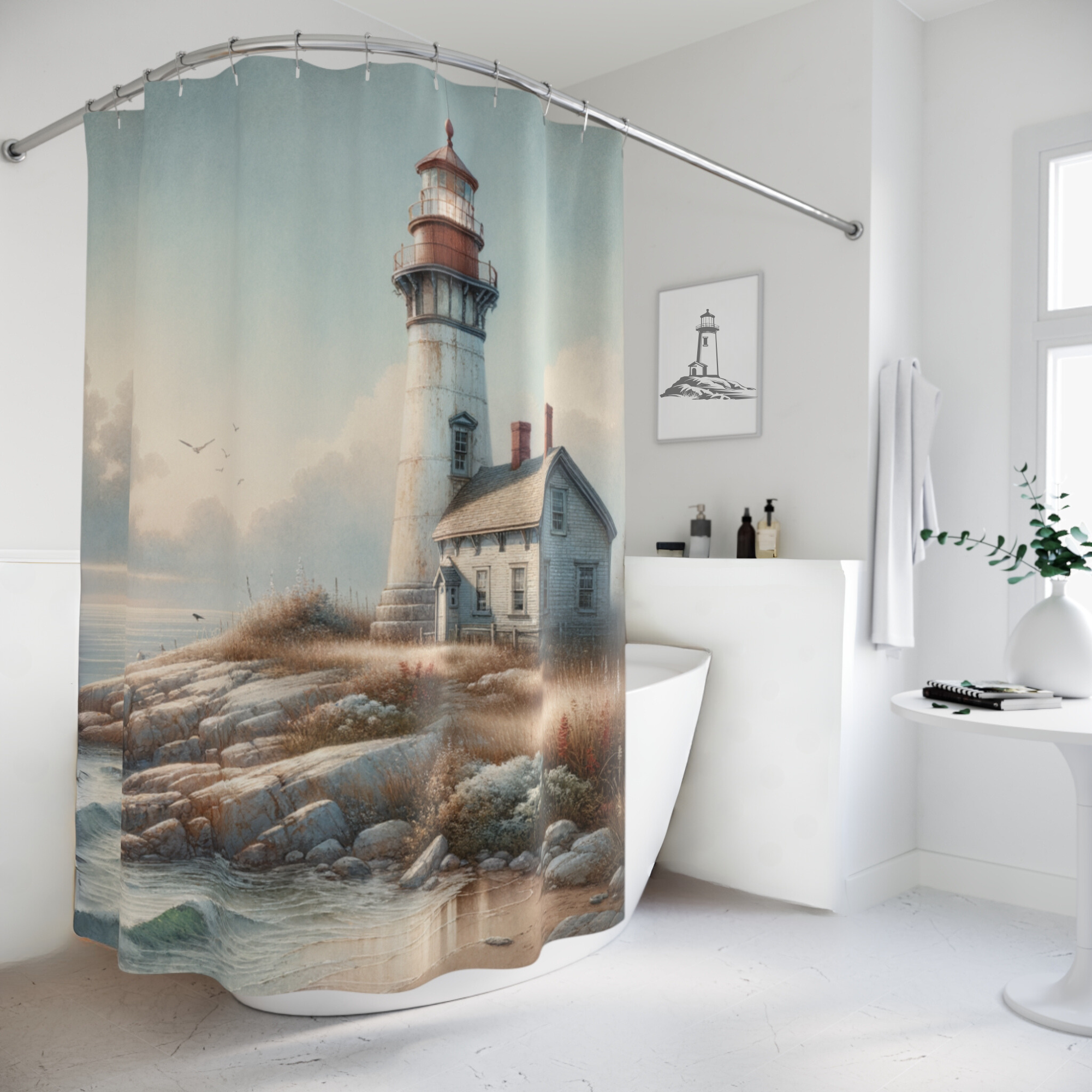 Seaside Lighthouse at Dawn – Vintage Coastal Shower Curtain