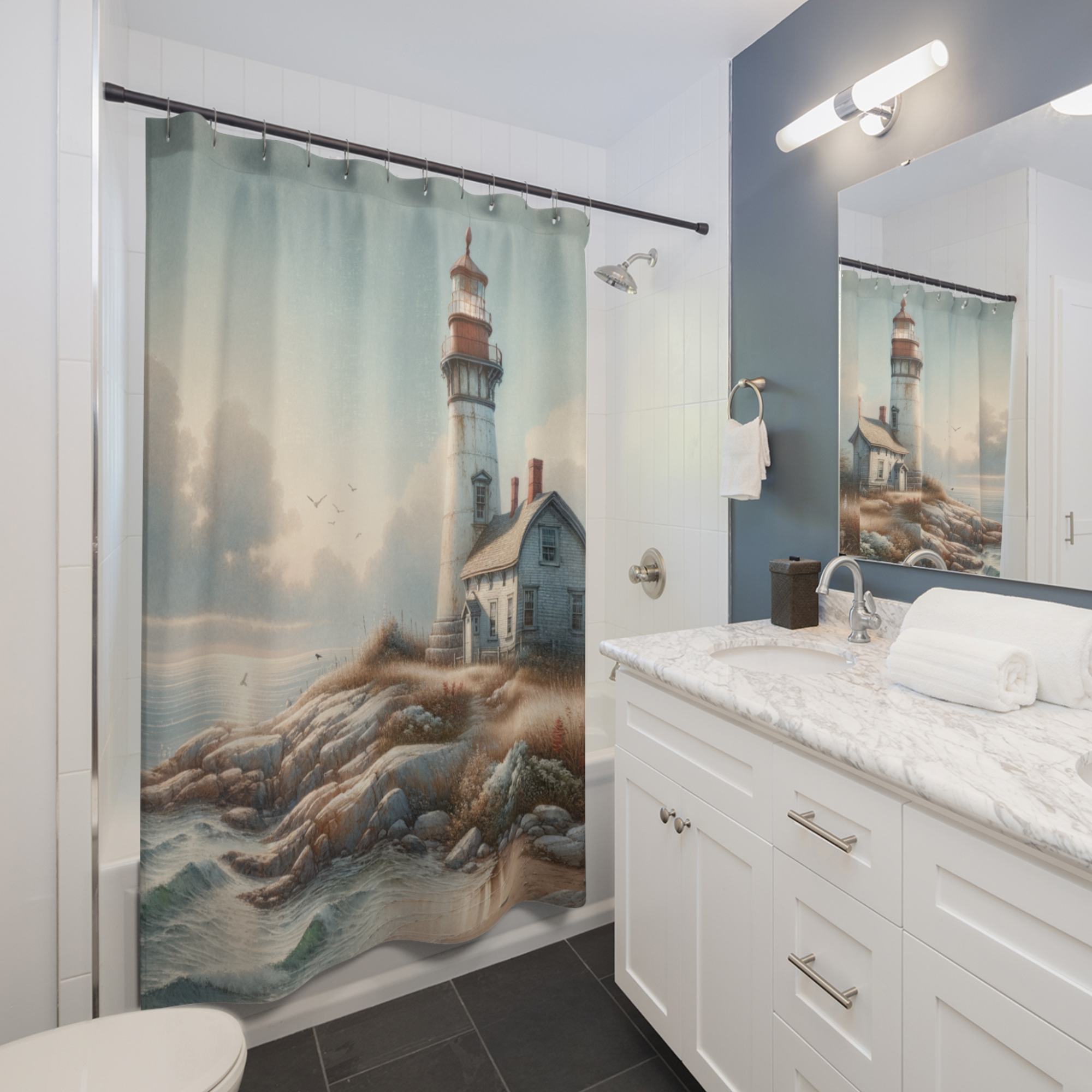 Seaside Lighthouse at Dawn – Vintage Coastal Shower Curtain