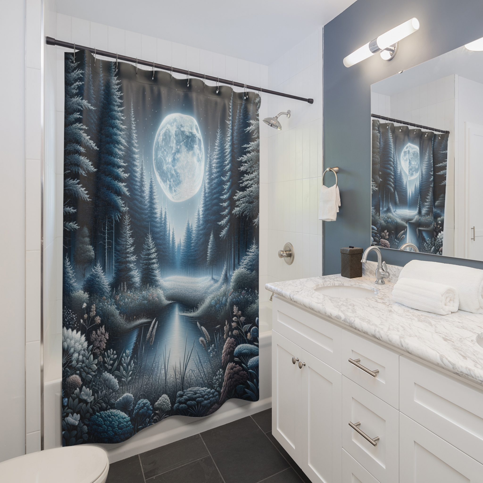 Mystical Moonlight Over Forest Pond – Midnight Nature Shower Curtain