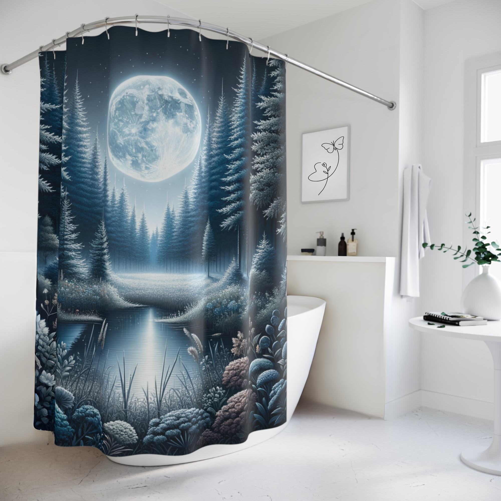 Mystical Moonlight Over Forest Pond – Midnight Nature Shower Curtain