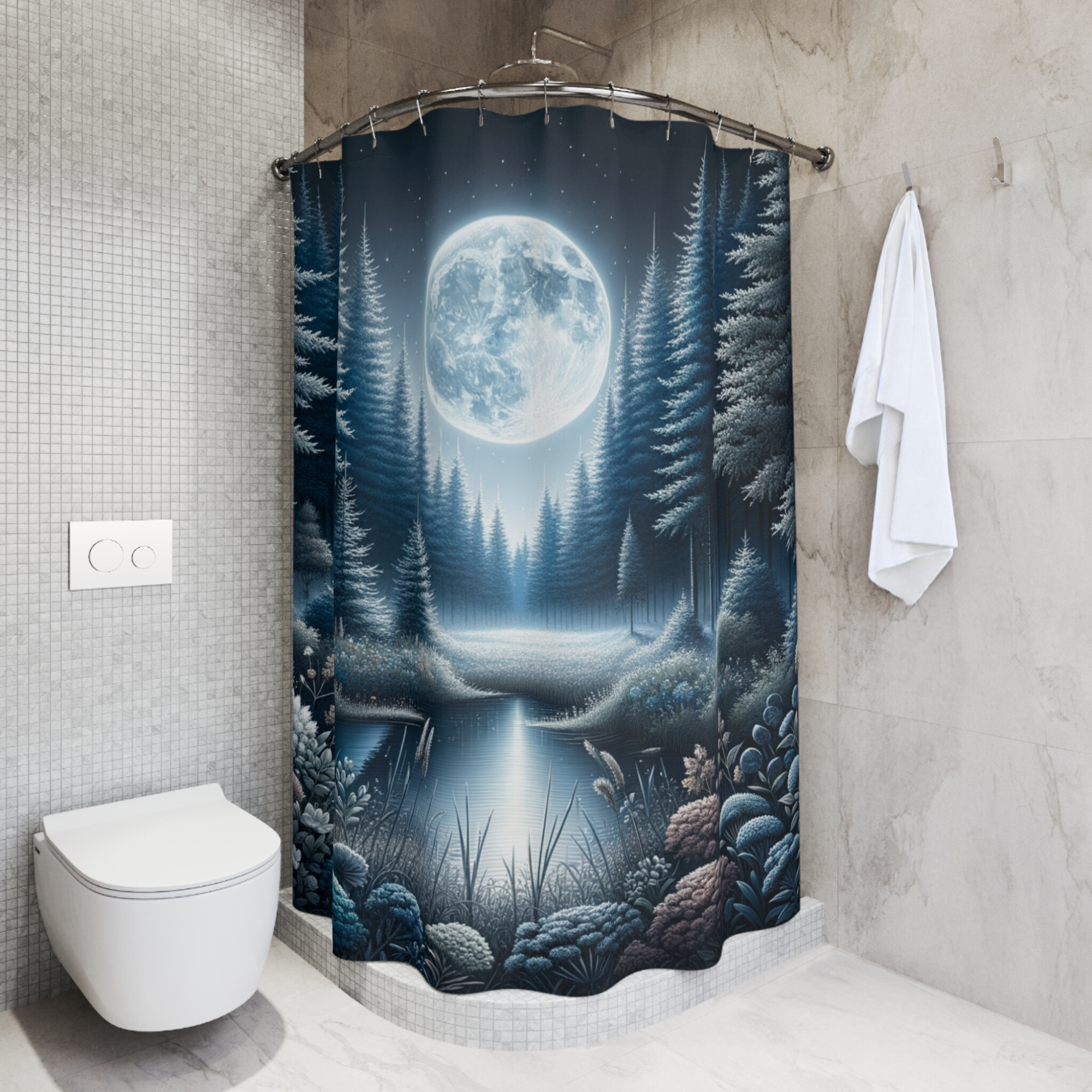 Mystical Moonlight Over Forest Pond – Midnight Nature Shower Curtain