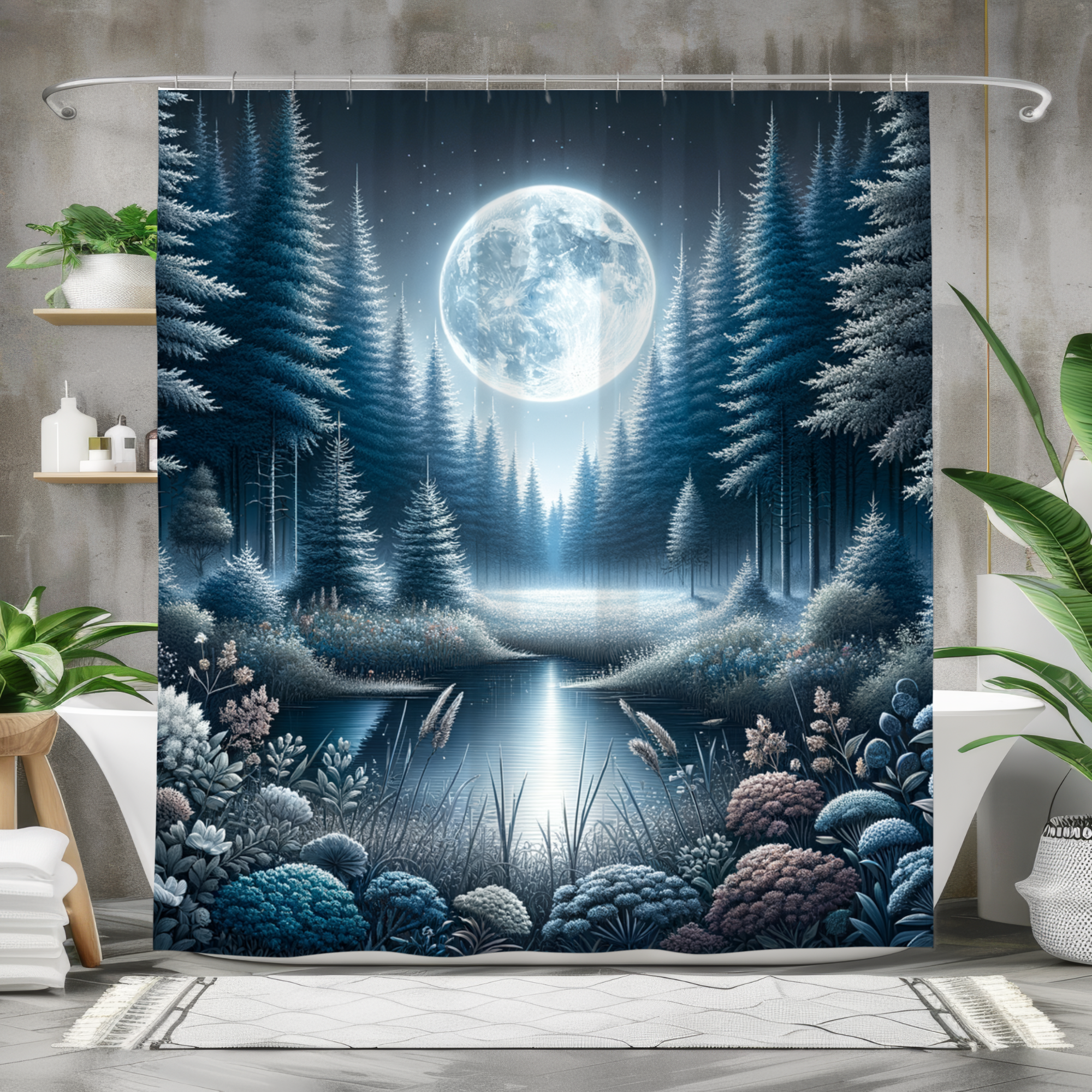 Mystical Moonlight Over Forest Pond – Midnight Nature Shower Curtain