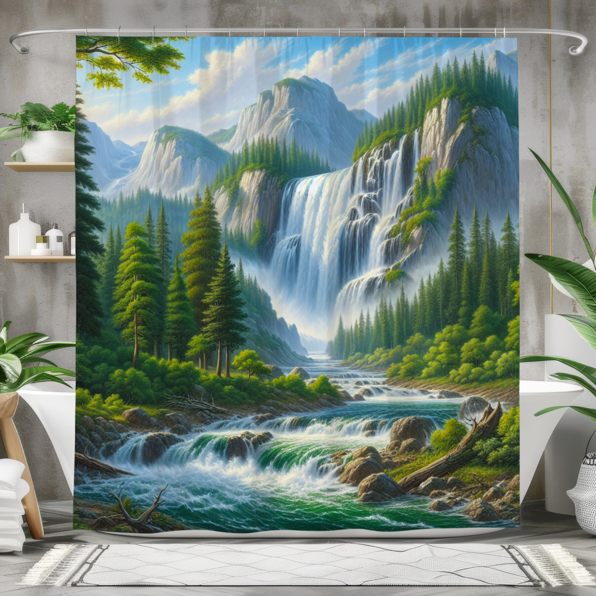 Majestic Waterfall Over Mountain Pines – Scenic Nature Shower Curtain