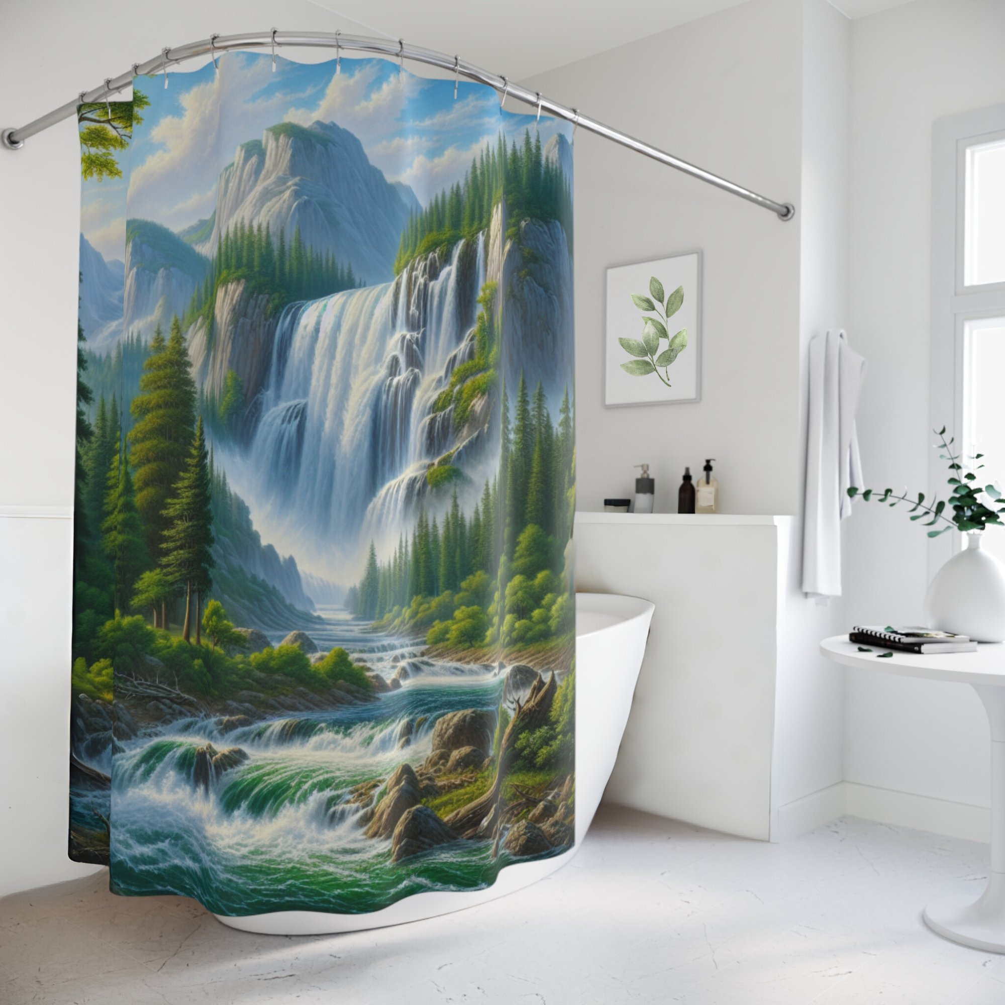 Majestic Waterfall Over Mountain Pines – Scenic Nature Shower Curtain