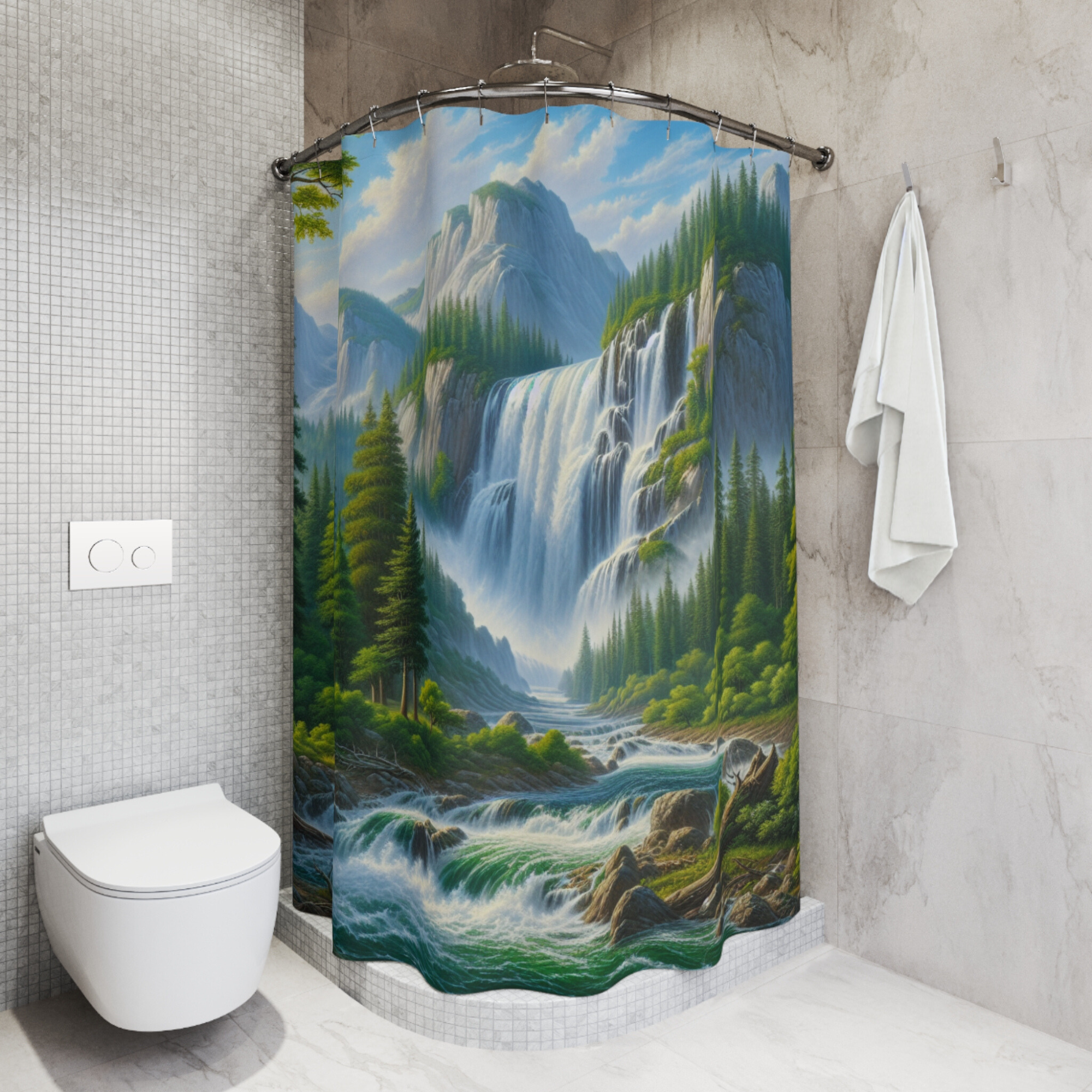 Majestic Waterfall Over Mountain Pines – Scenic Nature Shower Curtain