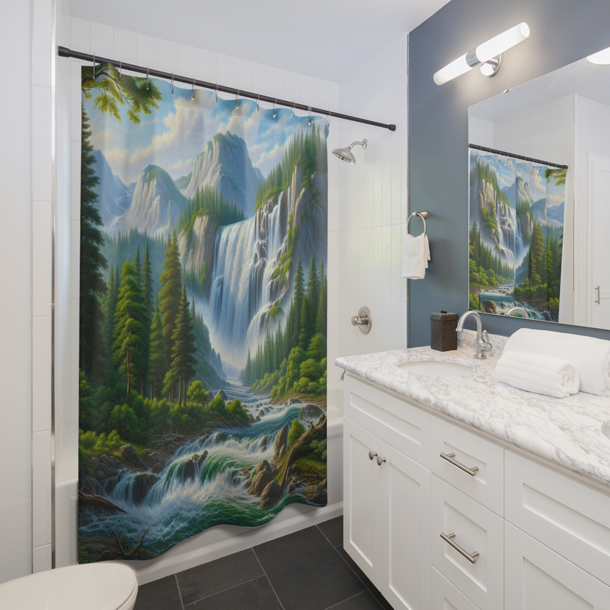 Majestic Waterfall Over Mountain Pines – Scenic Nature Shower Curtain