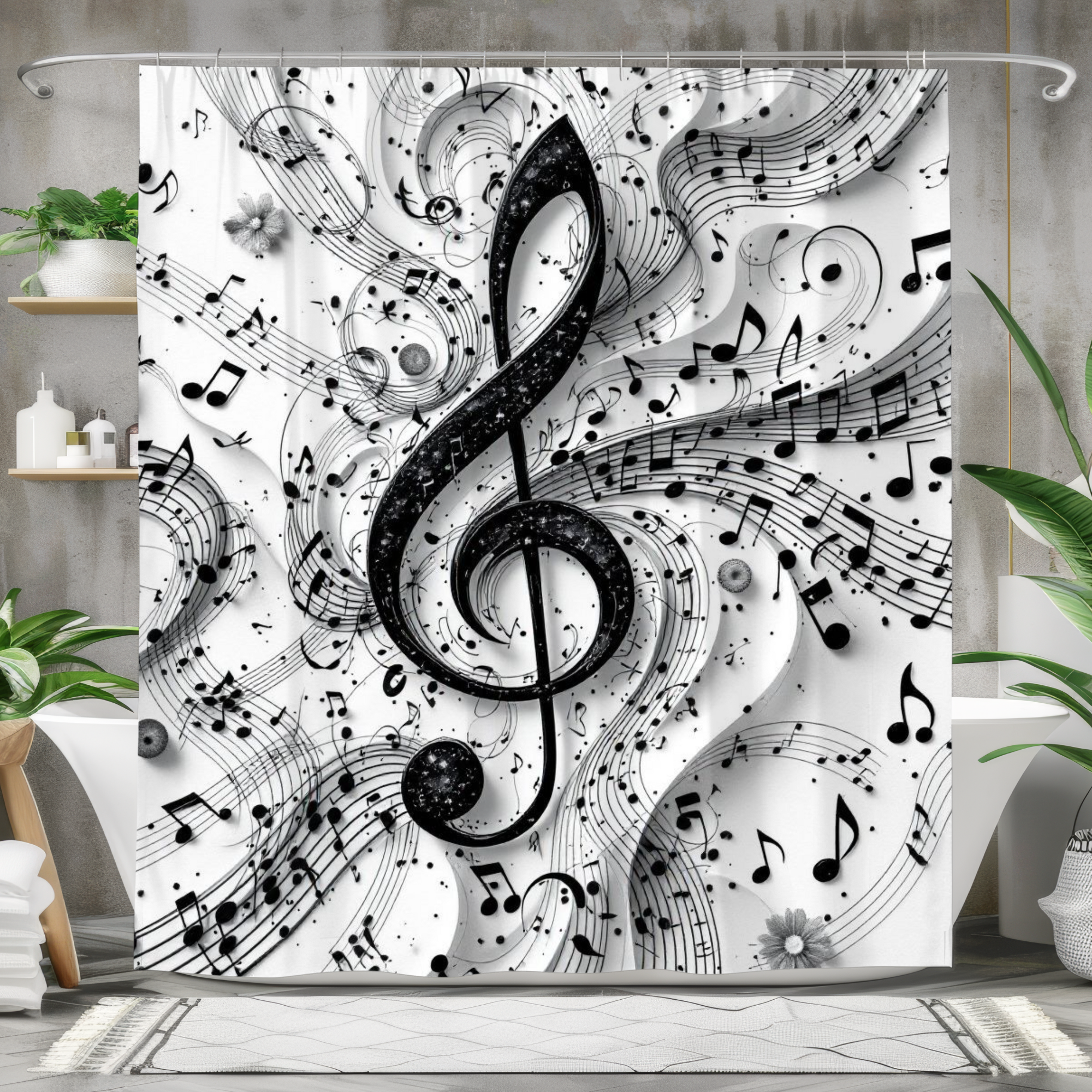 Black and White Music Notes Shower Curtain – Treble Clef Swirl Design