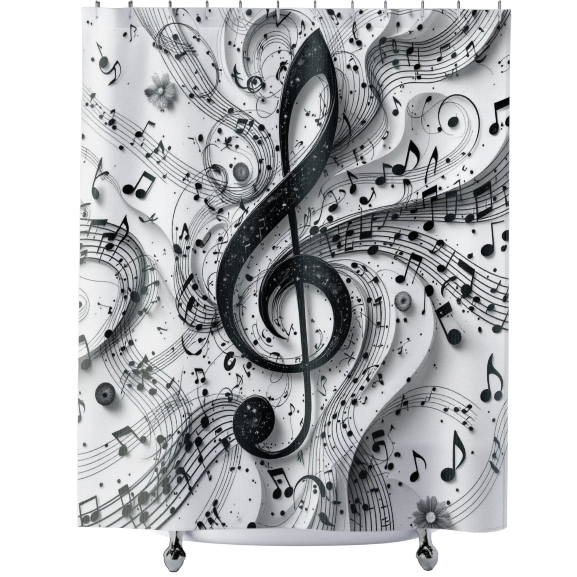 Black and White Music Notes Shower Curtain – Treble Clef Swirl Design