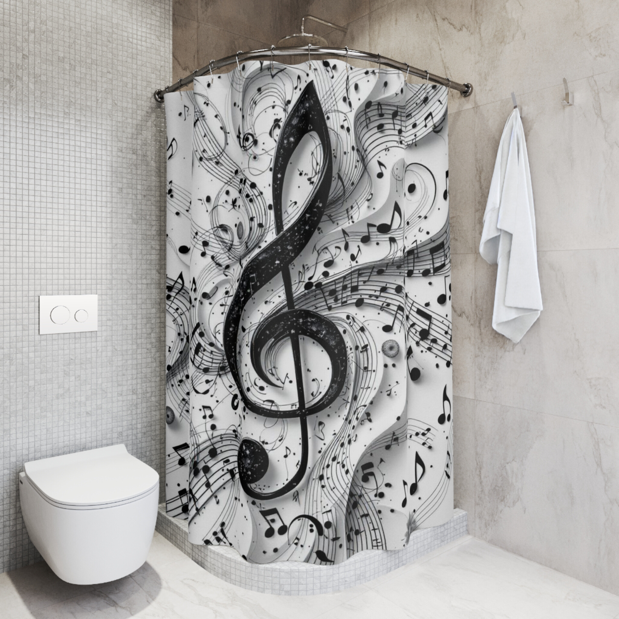 Black and White Music Notes Shower Curtain – Treble Clef Swirl Design