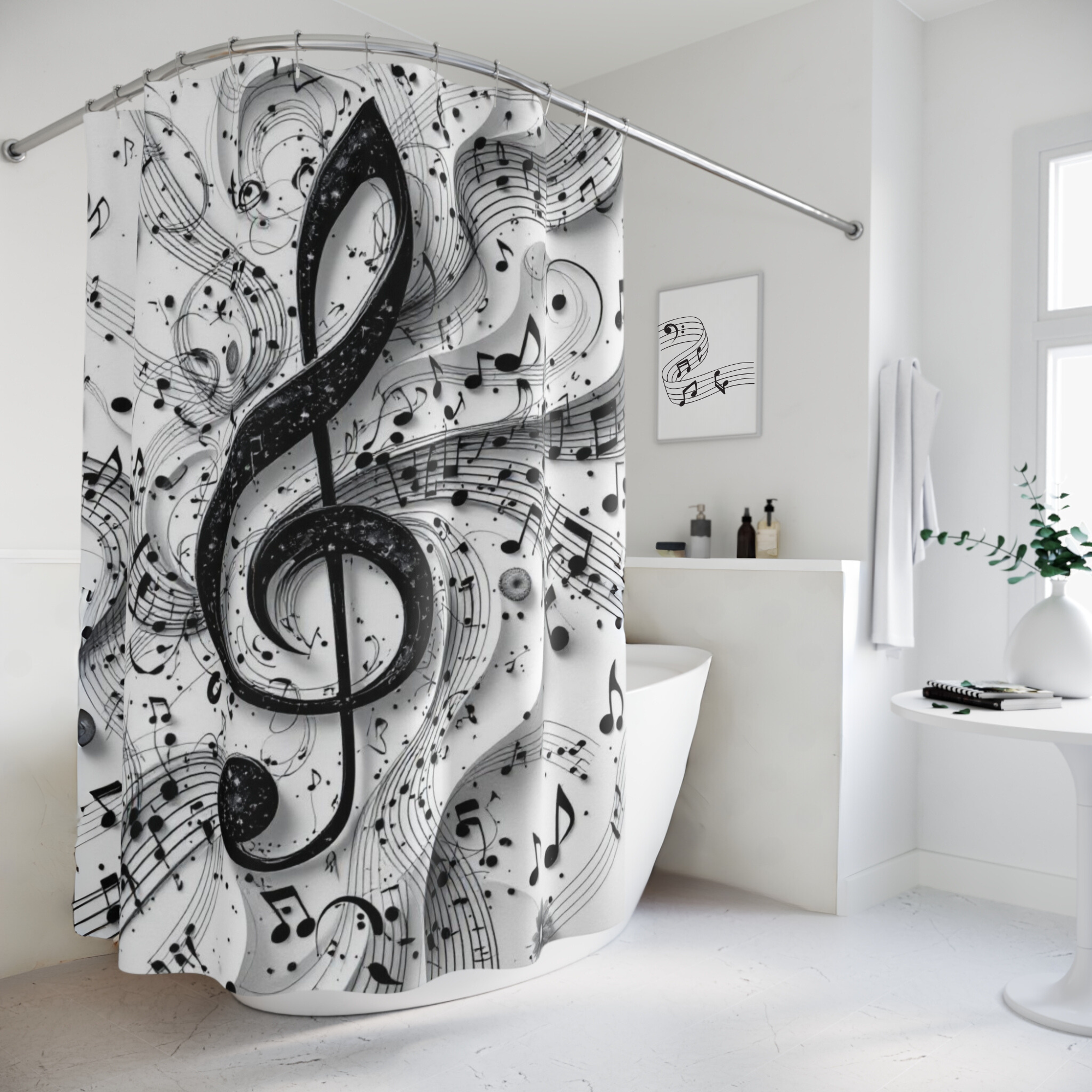 Black and White Music Notes Shower Curtain – Treble Clef Swirl Design