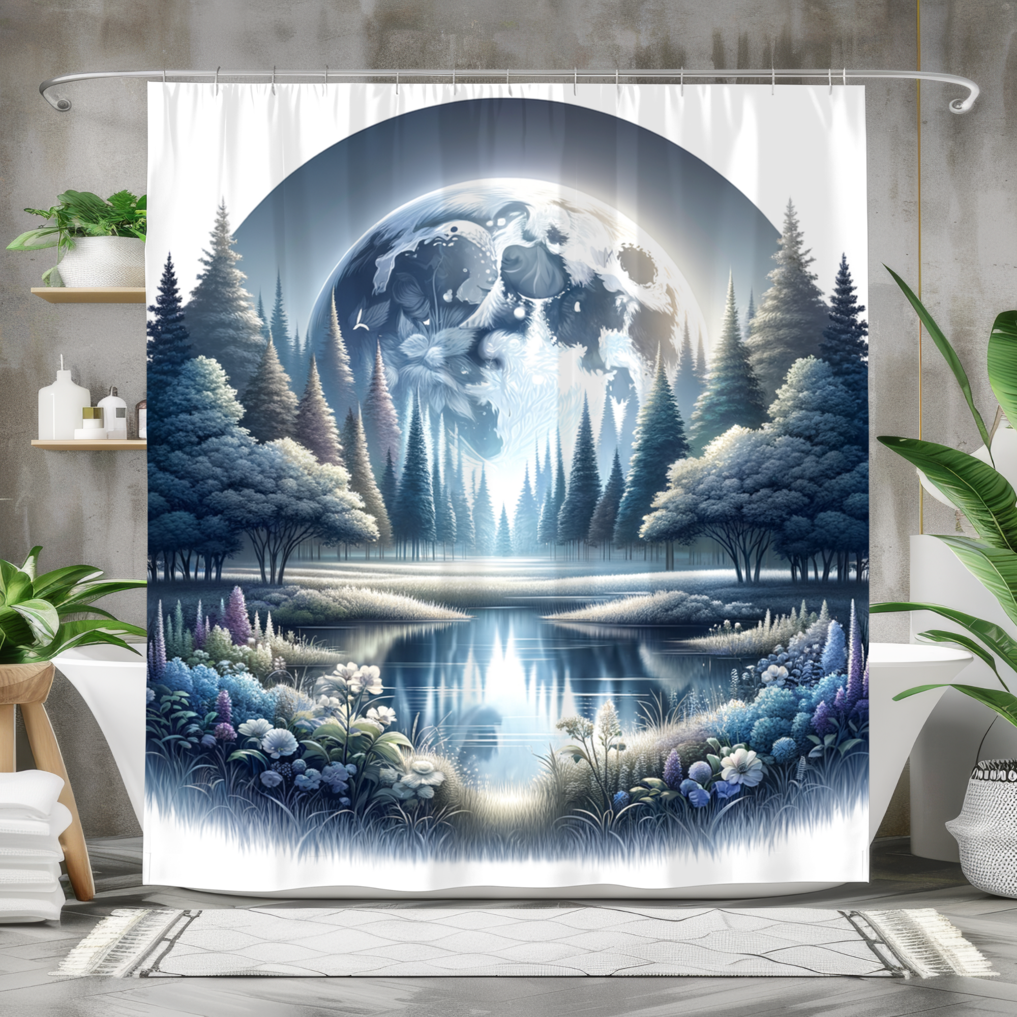Enchanted Moonlit Forest Reflection – Celestial Floral Shower Curtain