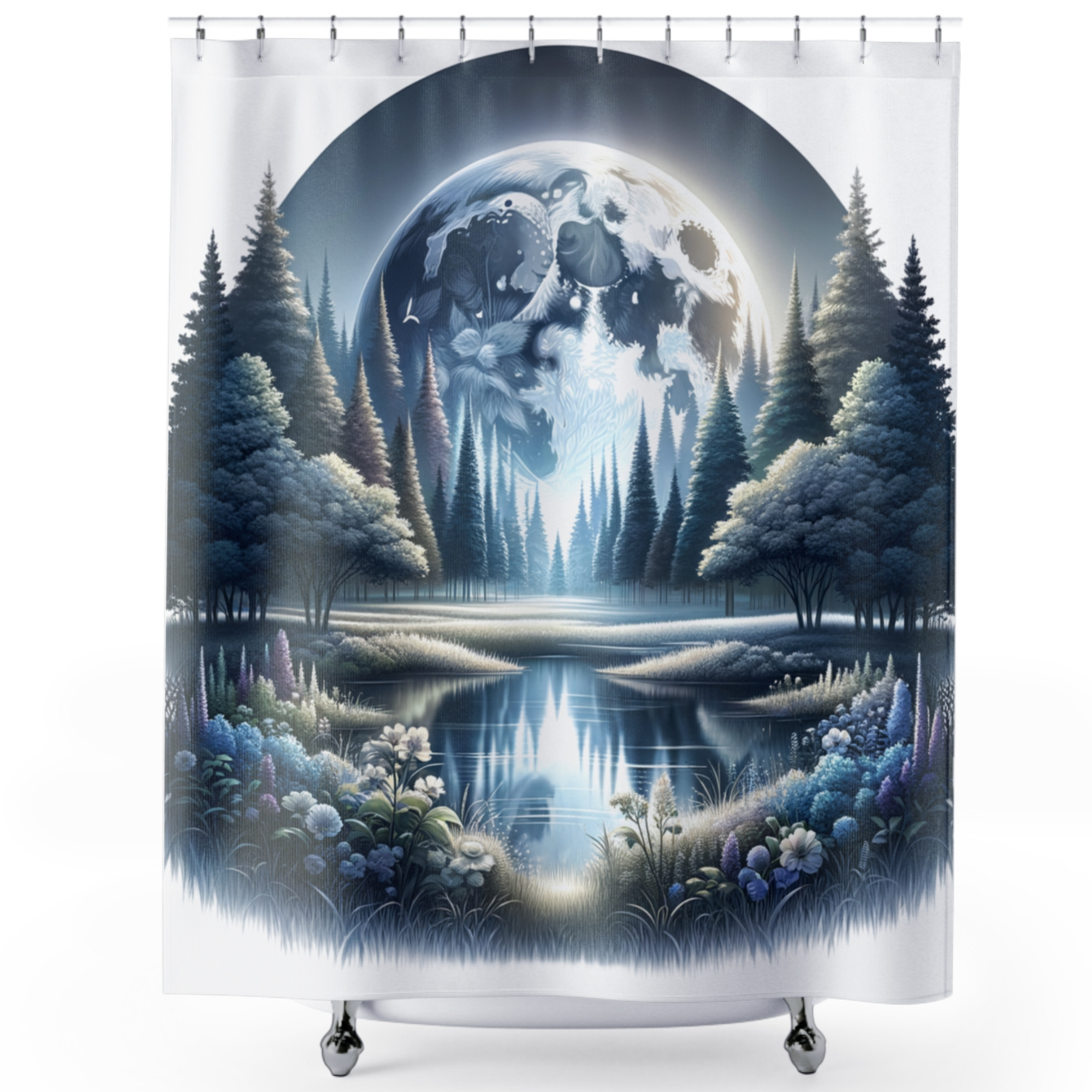 Enchanted Moonlit Forest Reflection – Celestial Floral Shower Curtain