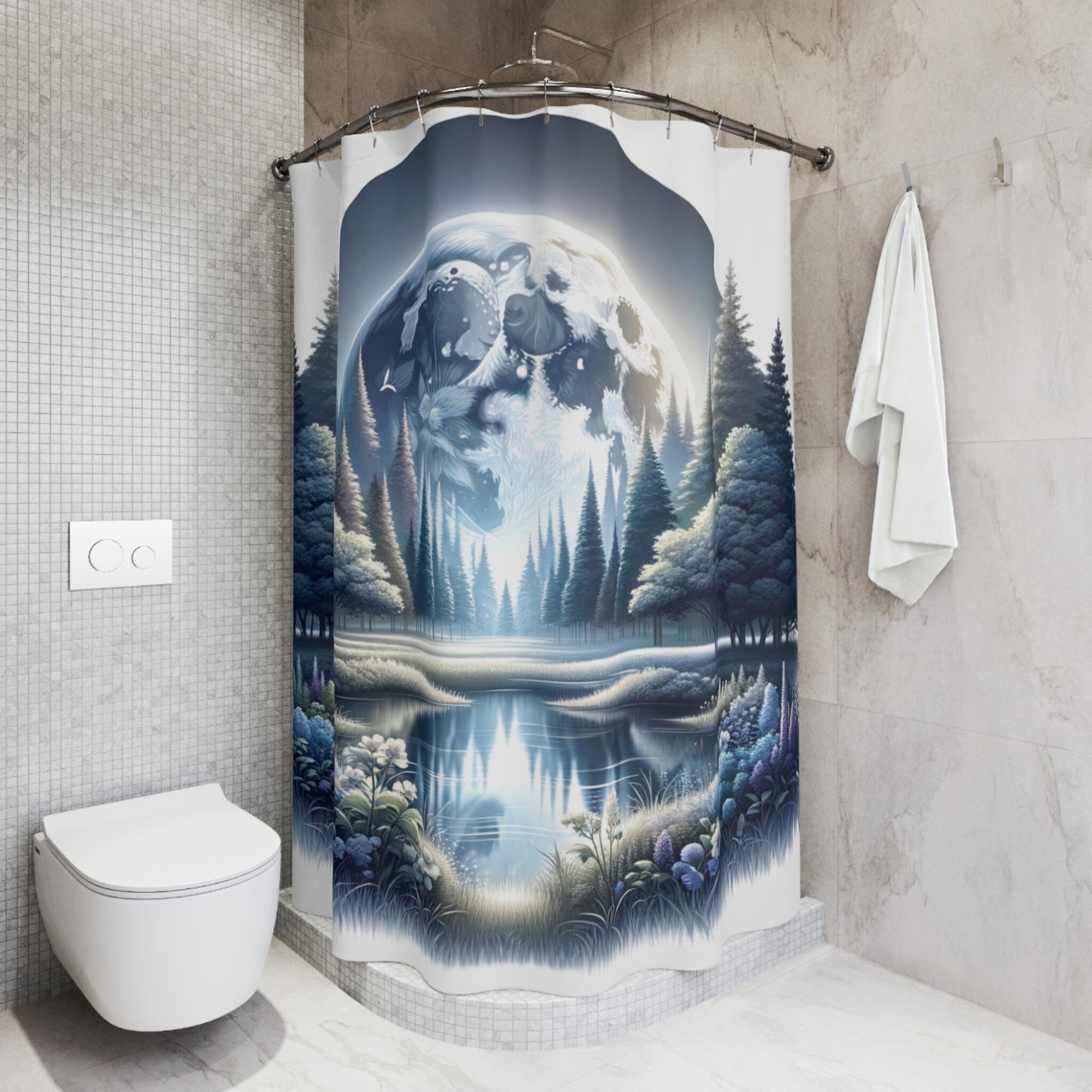 Enchanted Moonlit Forest Reflection – Celestial Floral Shower Curtain