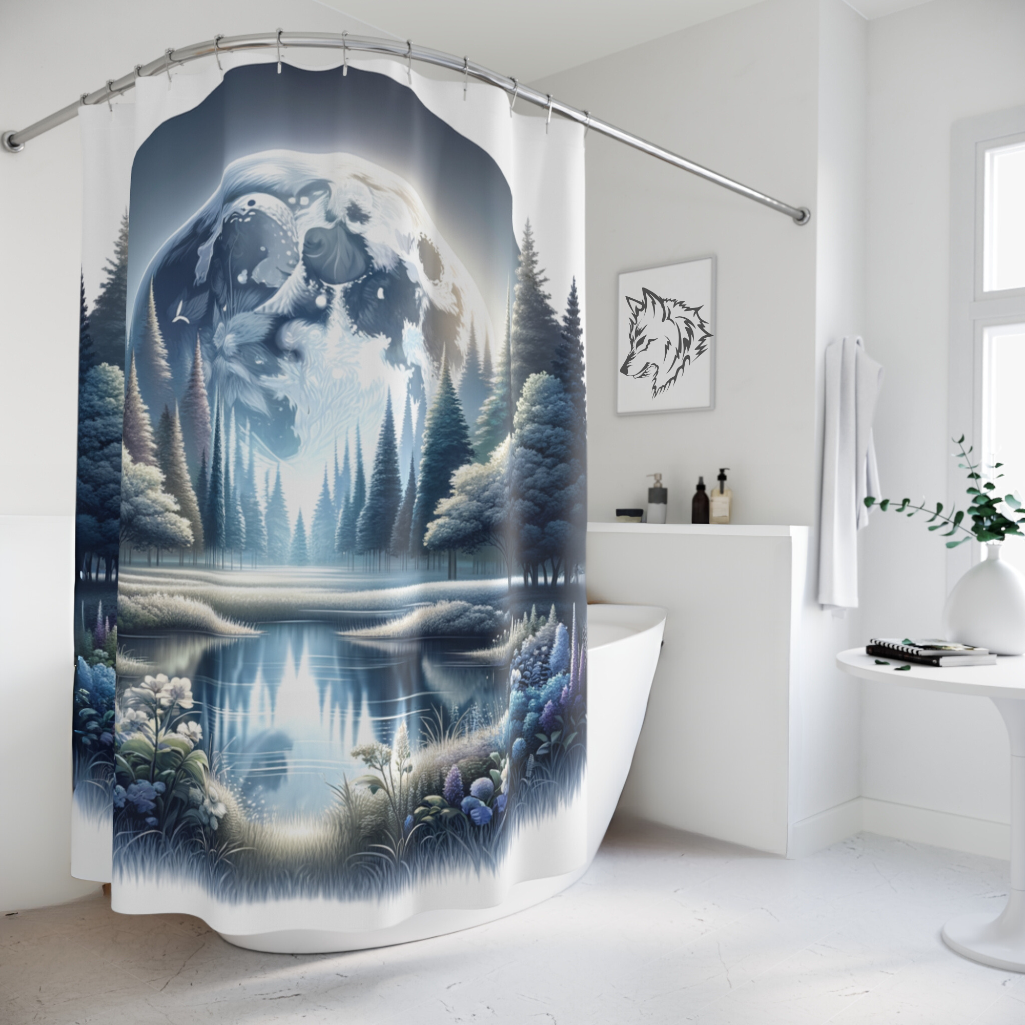Enchanted Moonlit Forest Reflection – Celestial Floral Shower Curtain
