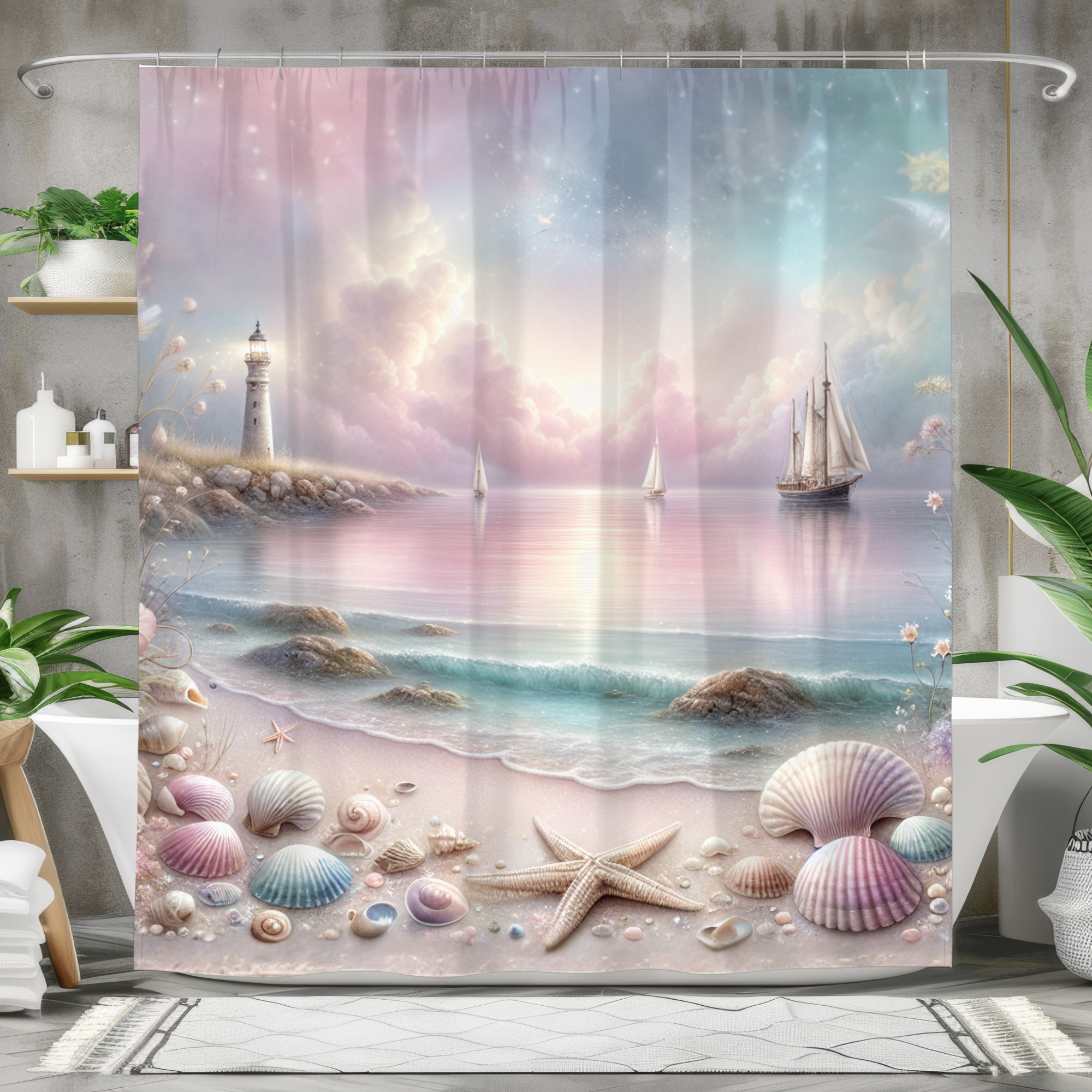 Pastel Seaside Dreamscape – Coastal Lighthouse & Shells Shower Curtain