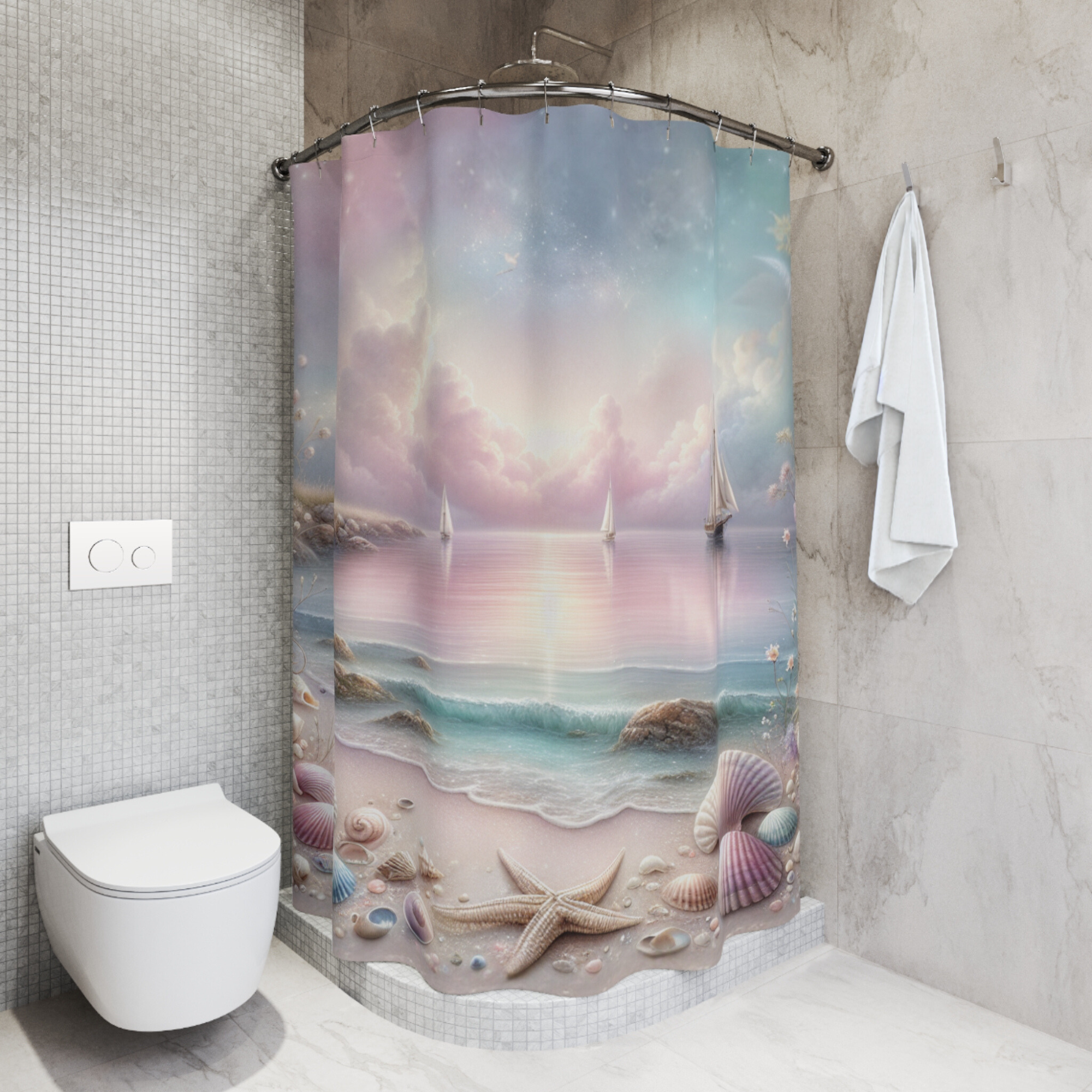 Pastel Seaside Dreamscape – Coastal Lighthouse & Shells Shower Curtain