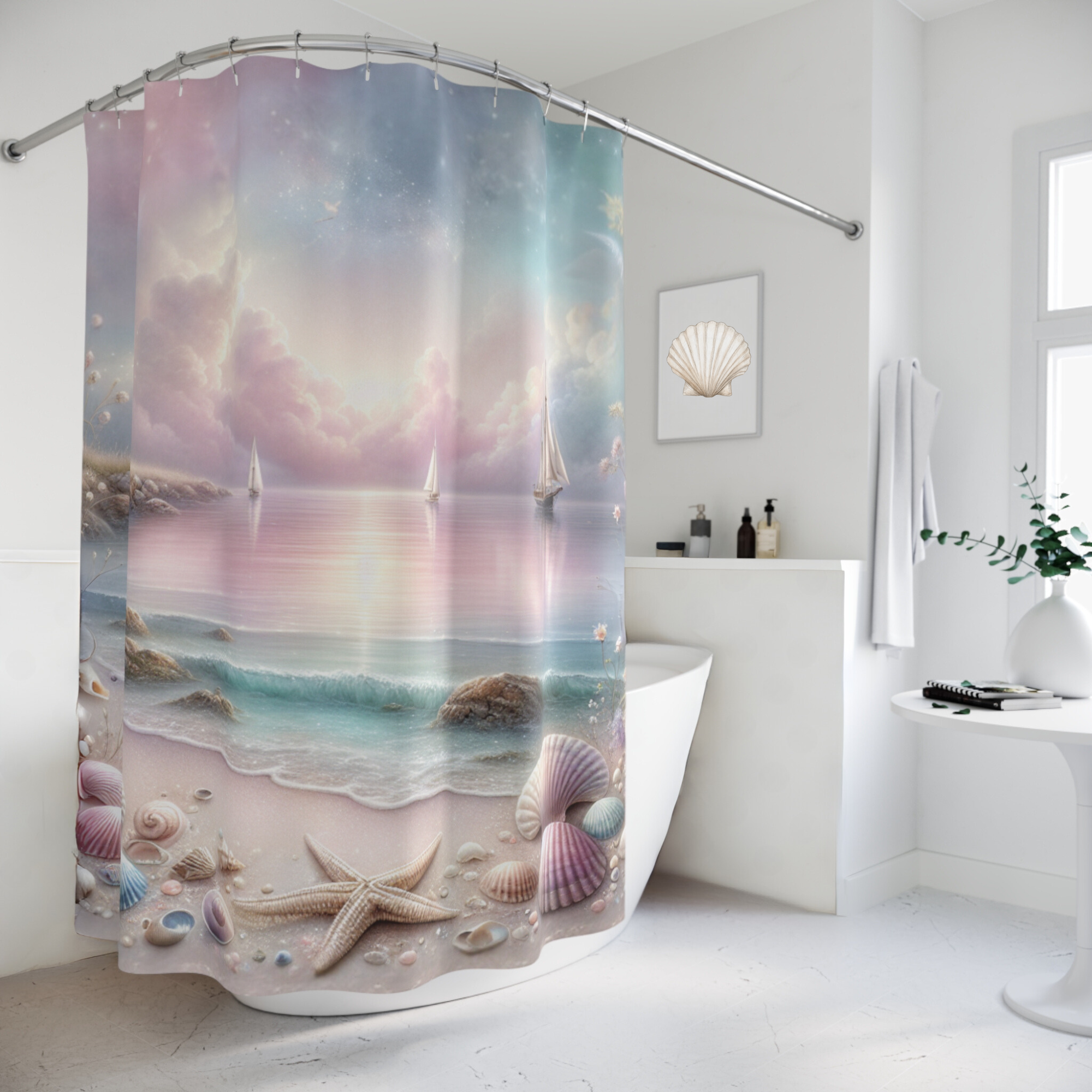Pastel Seaside Dreamscape – Coastal Lighthouse & Shells Shower Curtain