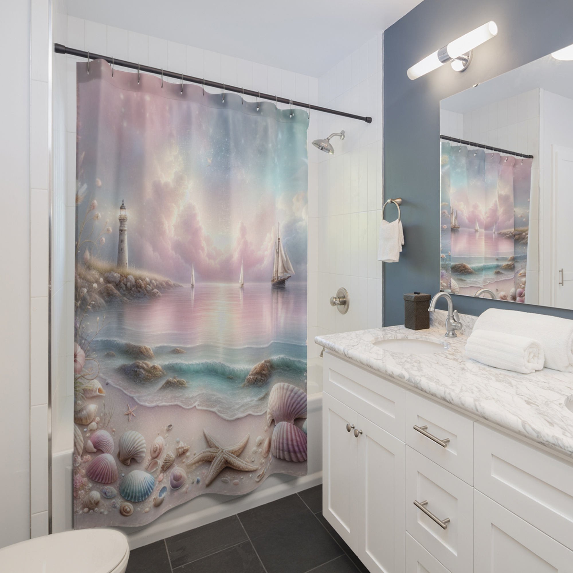 Pastel Seaside Dreamscape – Coastal Lighthouse & Shells Shower Curtain