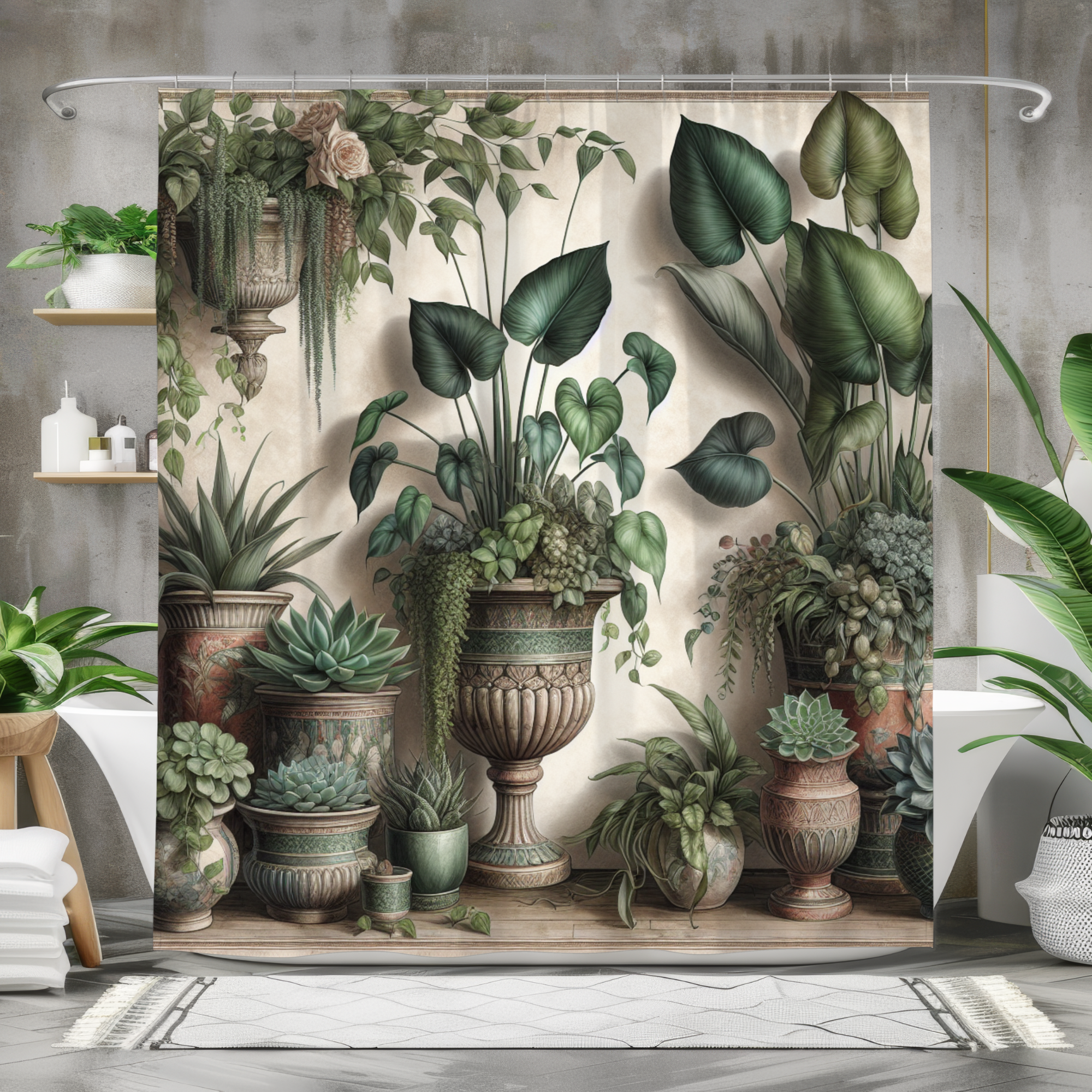 Indoor Garden Serenity – Vintage Botanical Potted Plant Shower Curtain