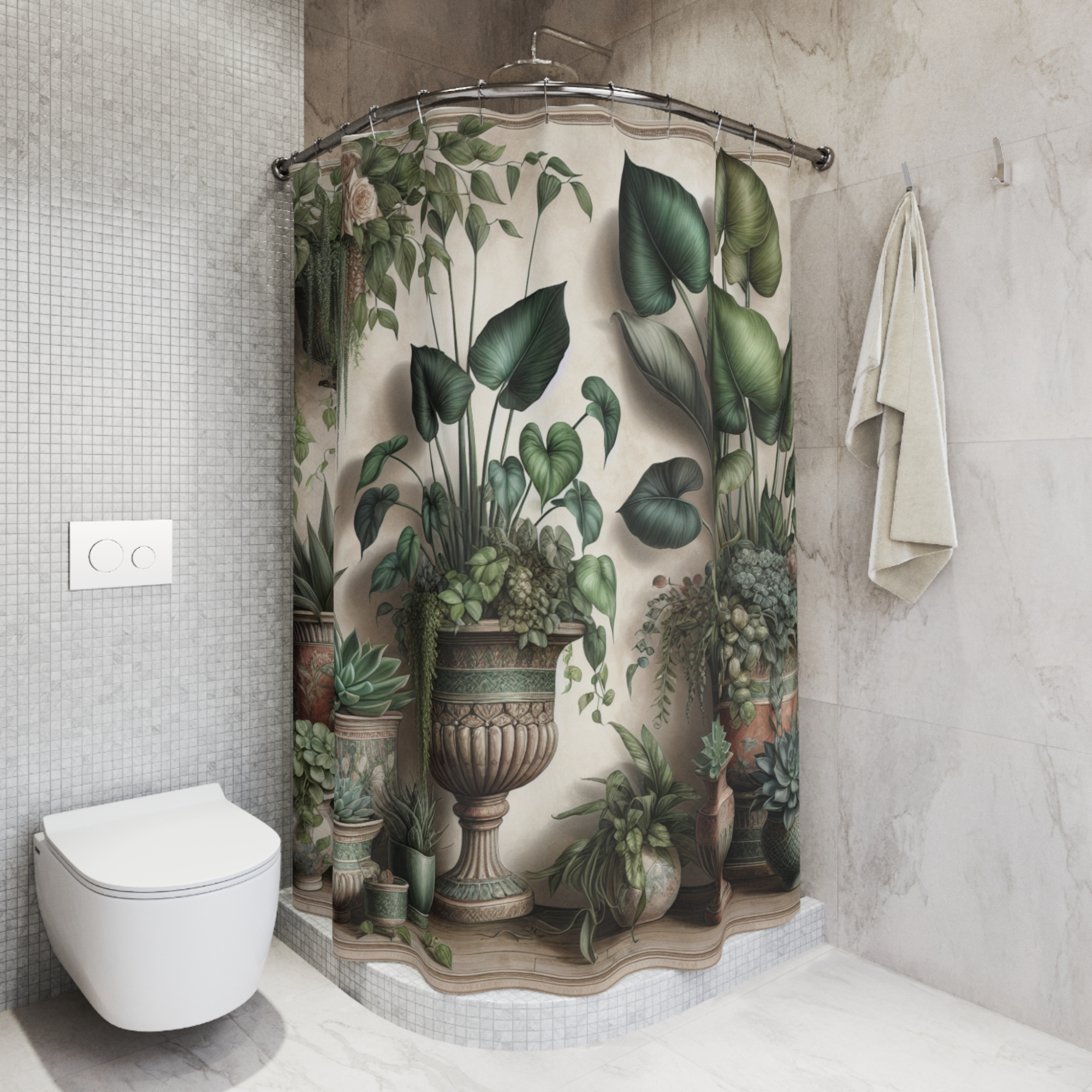 Indoor Garden Serenity – Vintage Botanical Potted Plant Shower Curtain