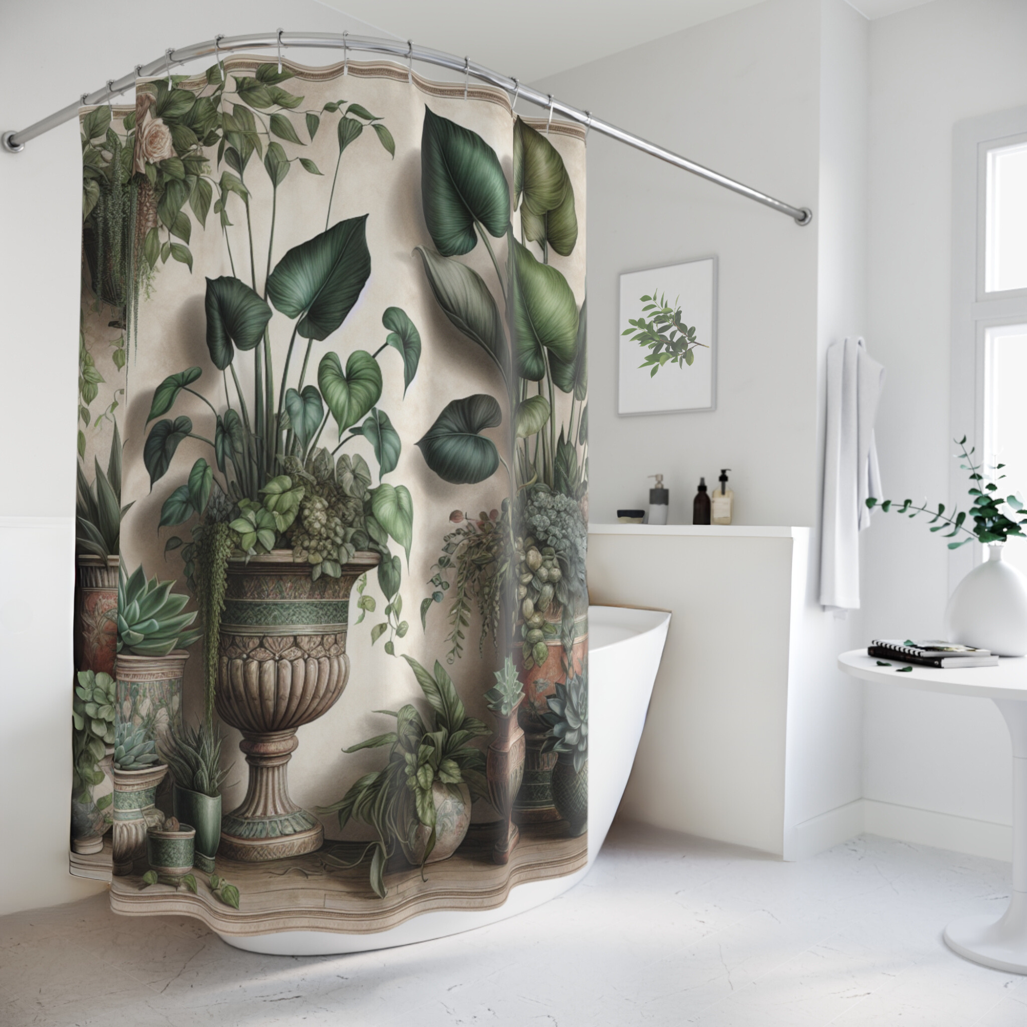 Indoor Garden Serenity – Vintage Botanical Potted Plant Shower Curtain