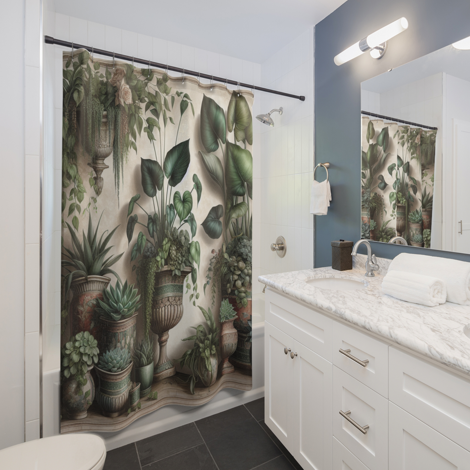 Indoor Garden Serenity – Vintage Botanical Potted Plant Shower Curtain