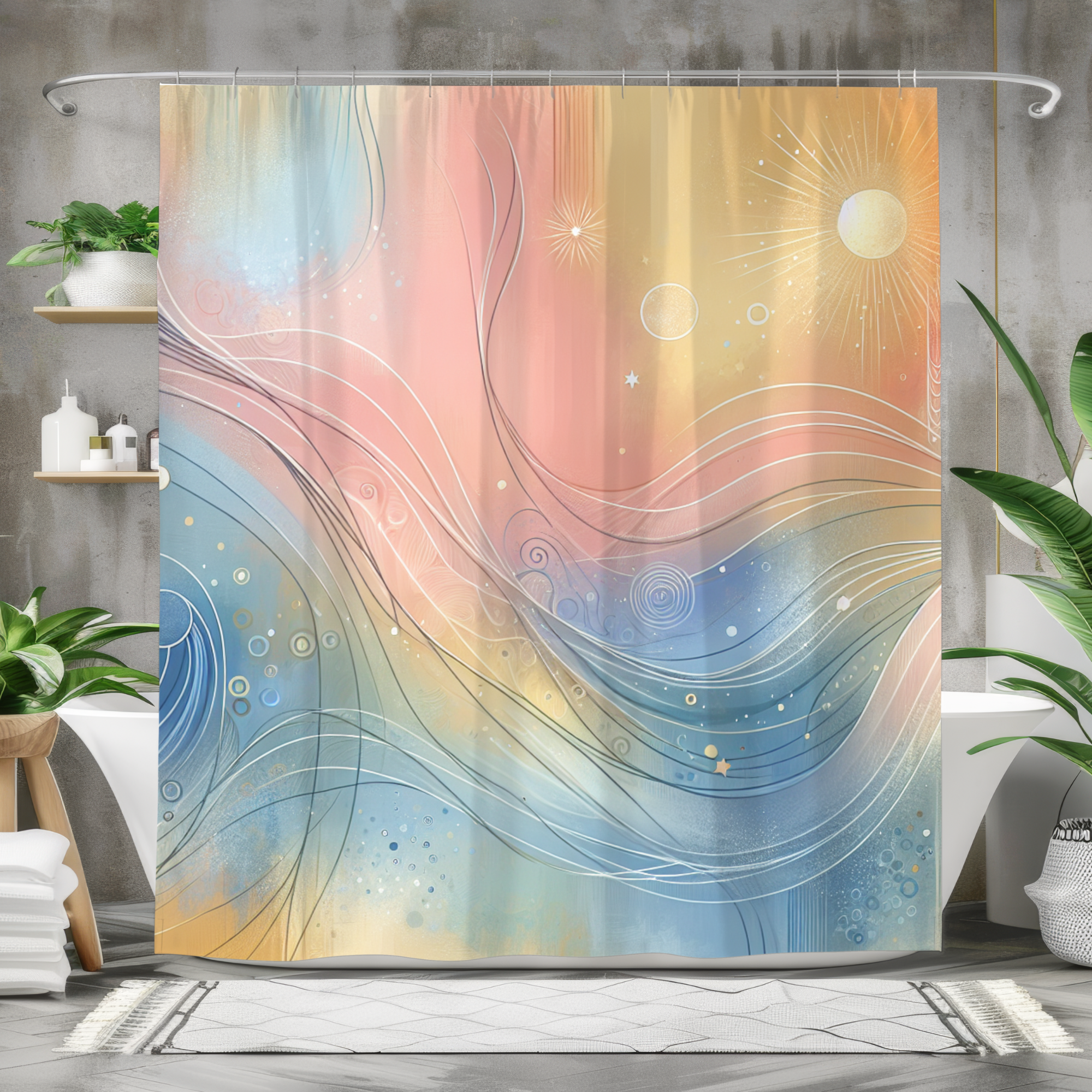 Sunrise Flow Abstraction – Pastel Waves and Golden Light Shower Curtain