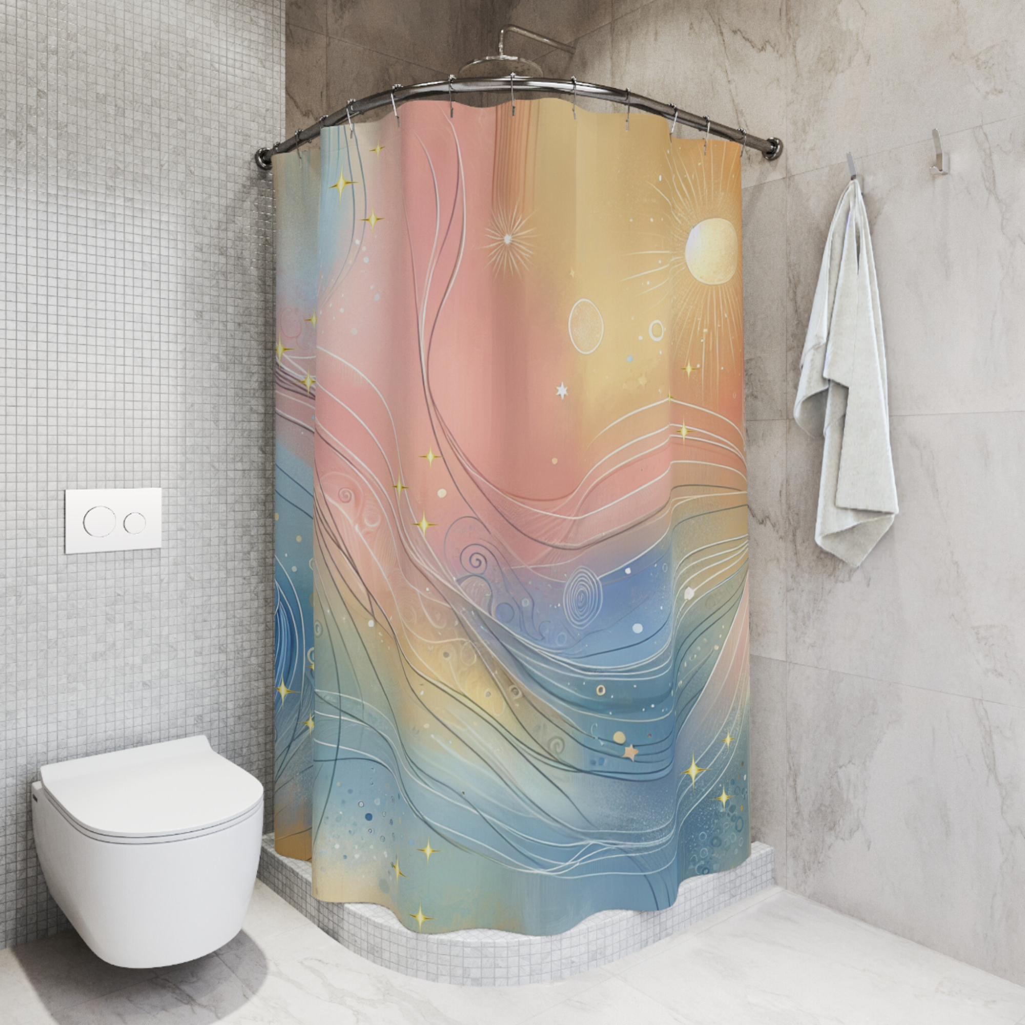 Sunrise Flow Abstraction – Pastel Waves and Golden Light Shower Curtain
