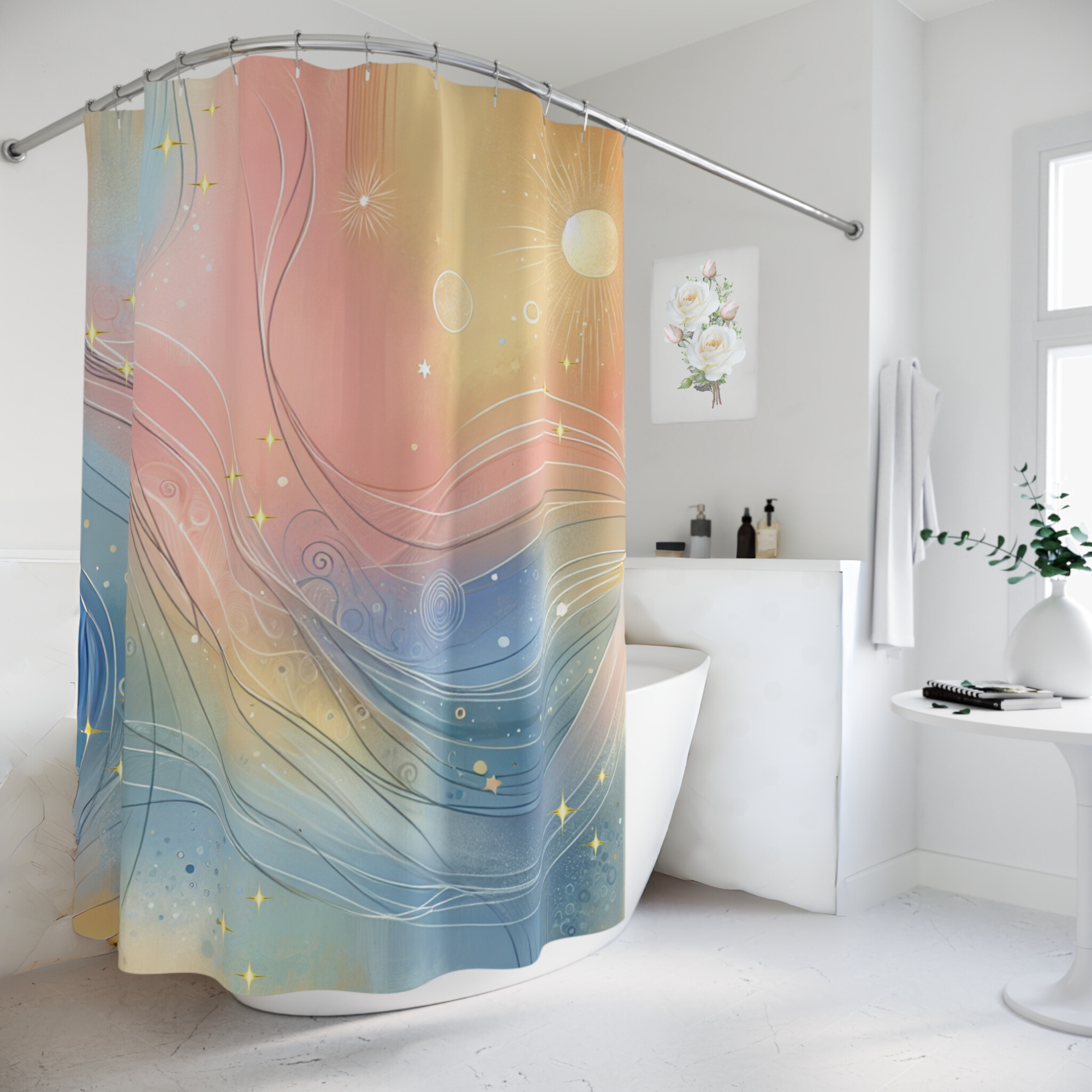 Sunrise Flow Abstraction – Pastel Waves and Golden Light Shower Curtain