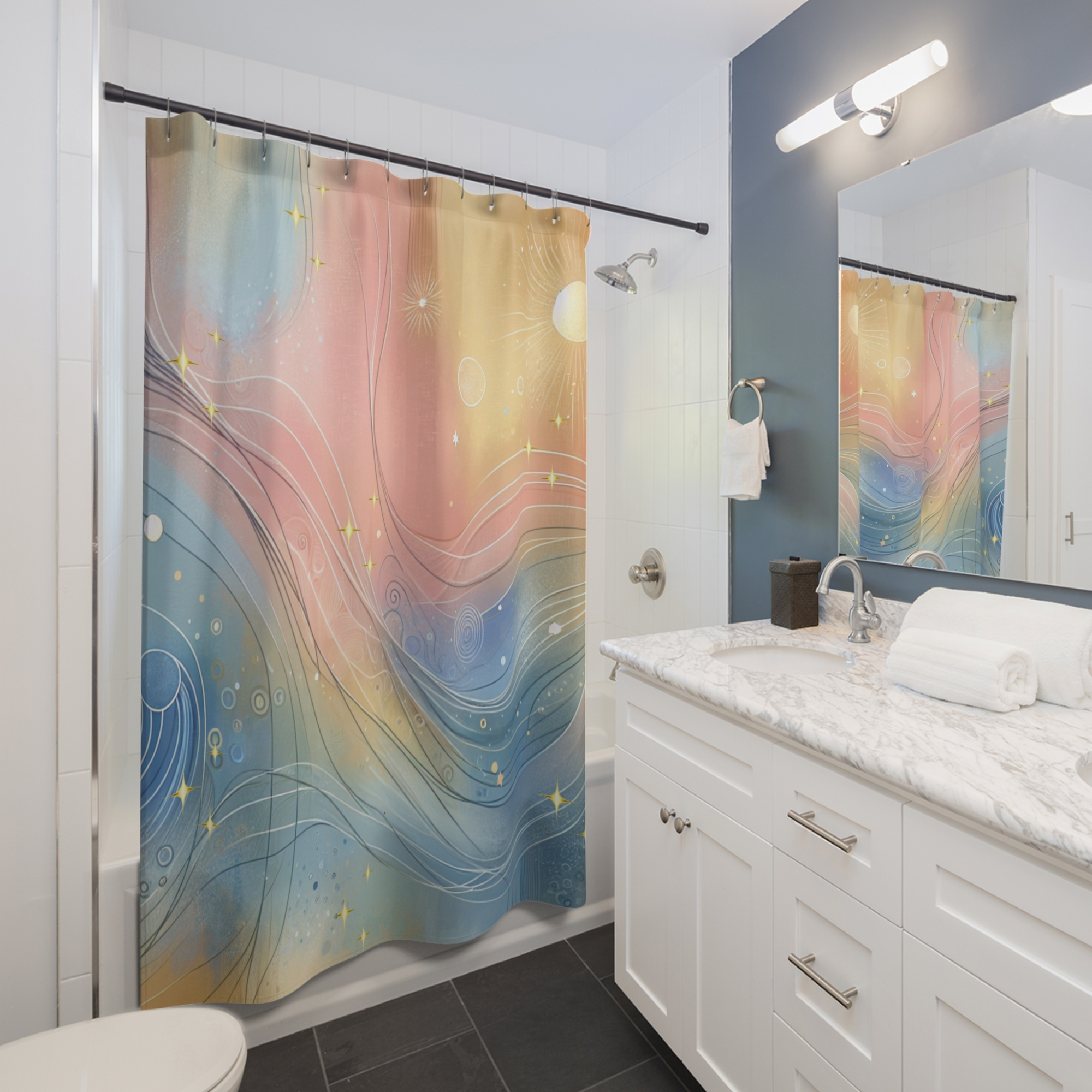 Sunrise Flow Abstraction – Pastel Waves and Golden Light Shower Curtain