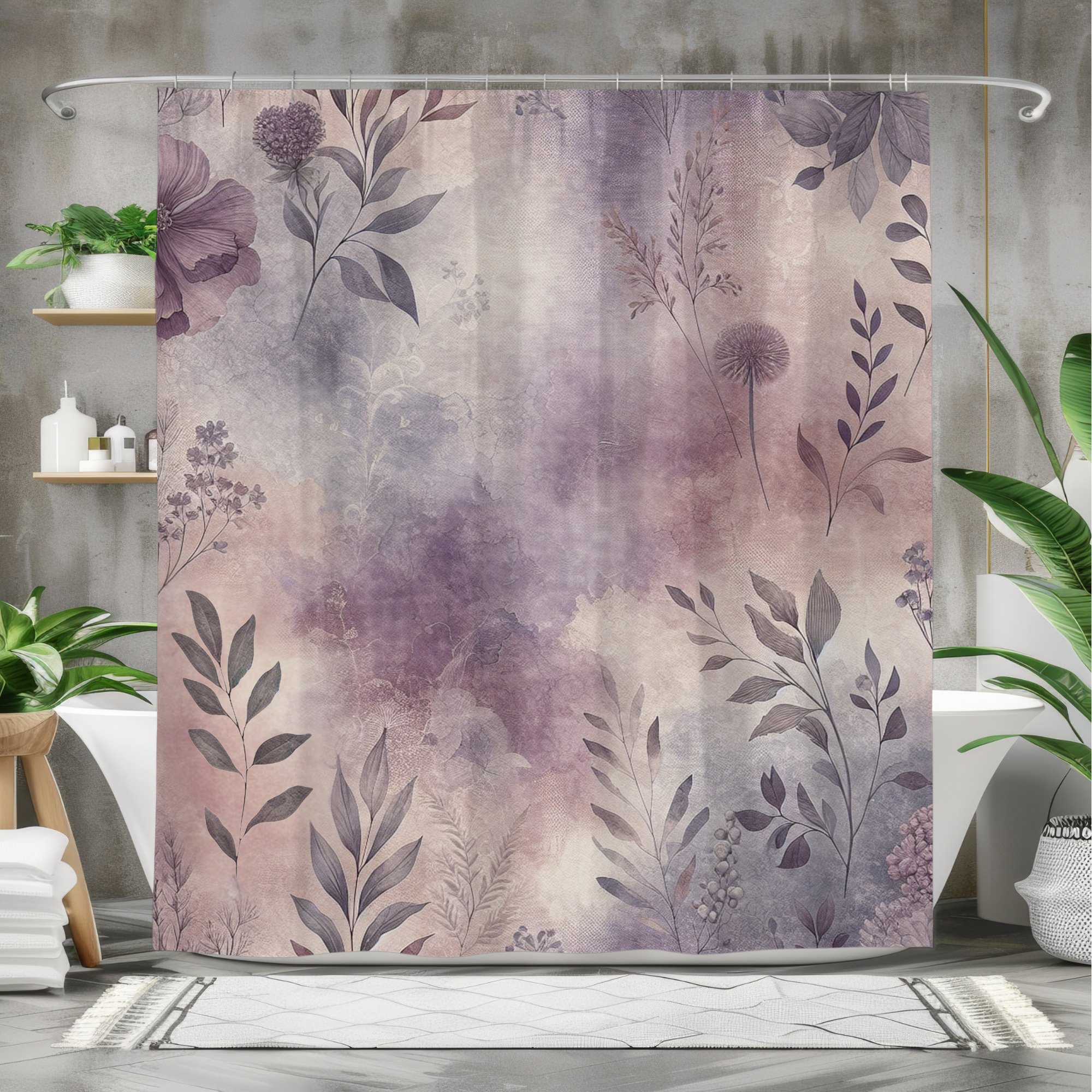 Lavender Mist Botanicals – Vintage Floral Leaf Print Shower Curtain