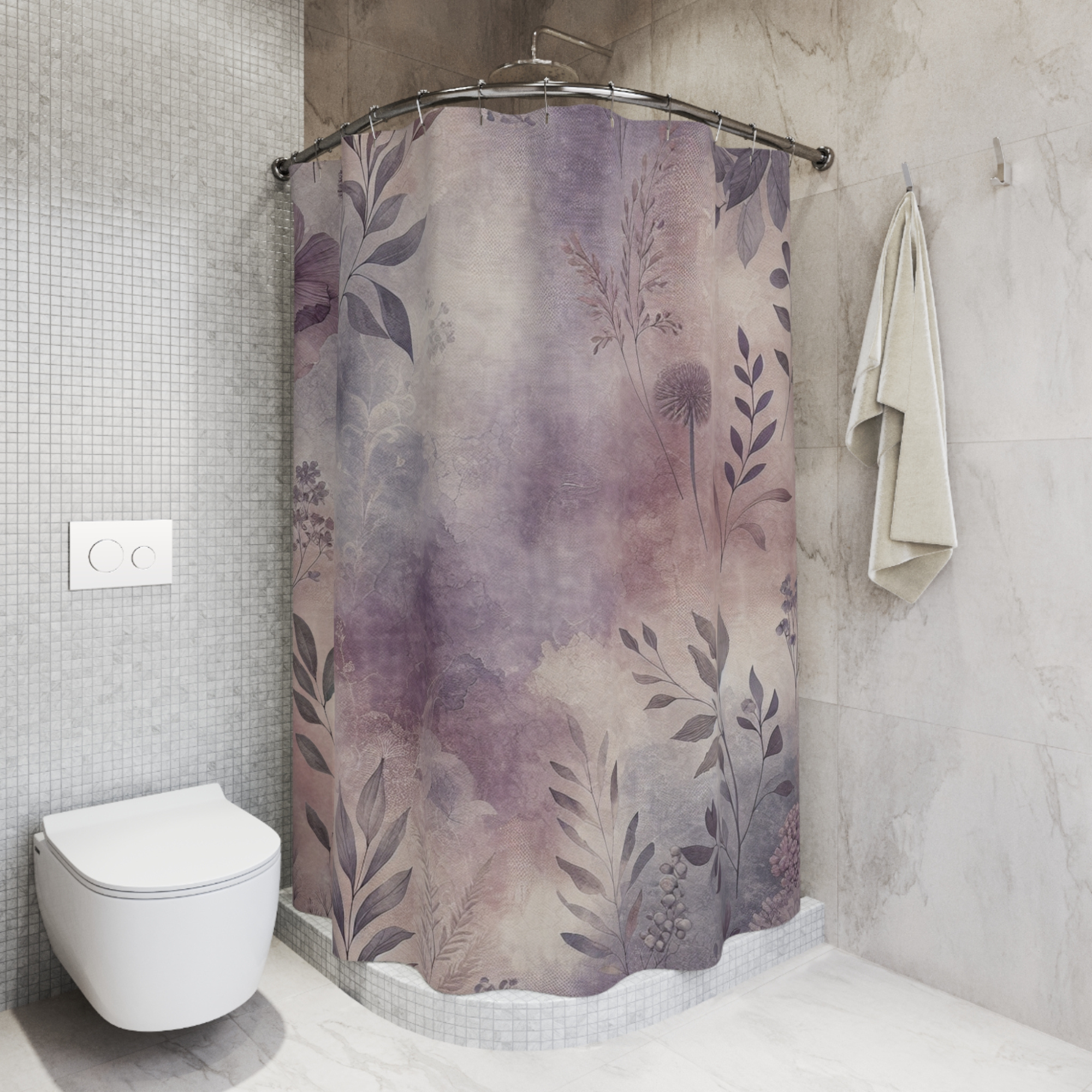 Lavender Mist Botanicals – Vintage Floral Leaf Print Shower Curtain