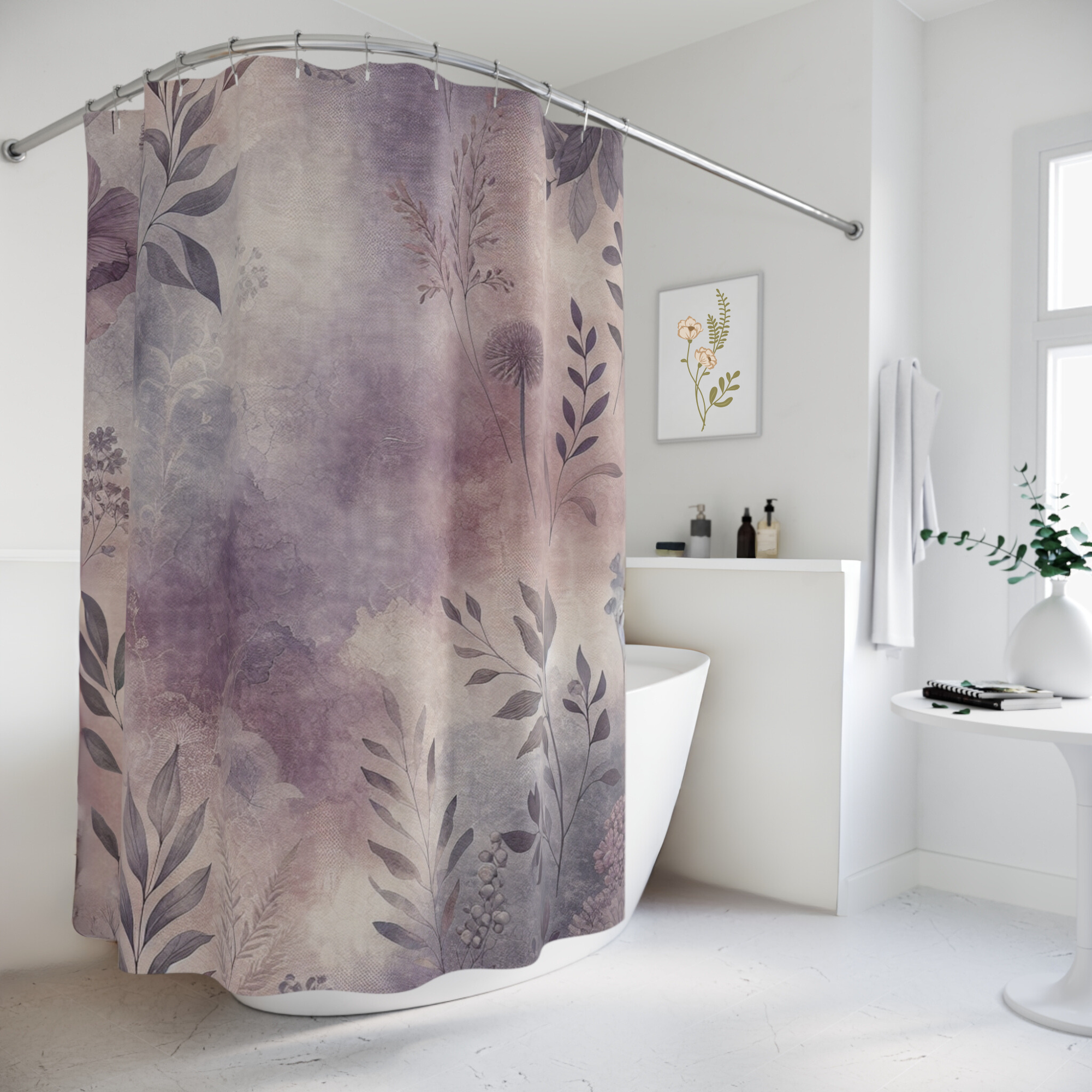 Lavender Mist Botanicals – Vintage Floral Leaf Print Shower Curtain