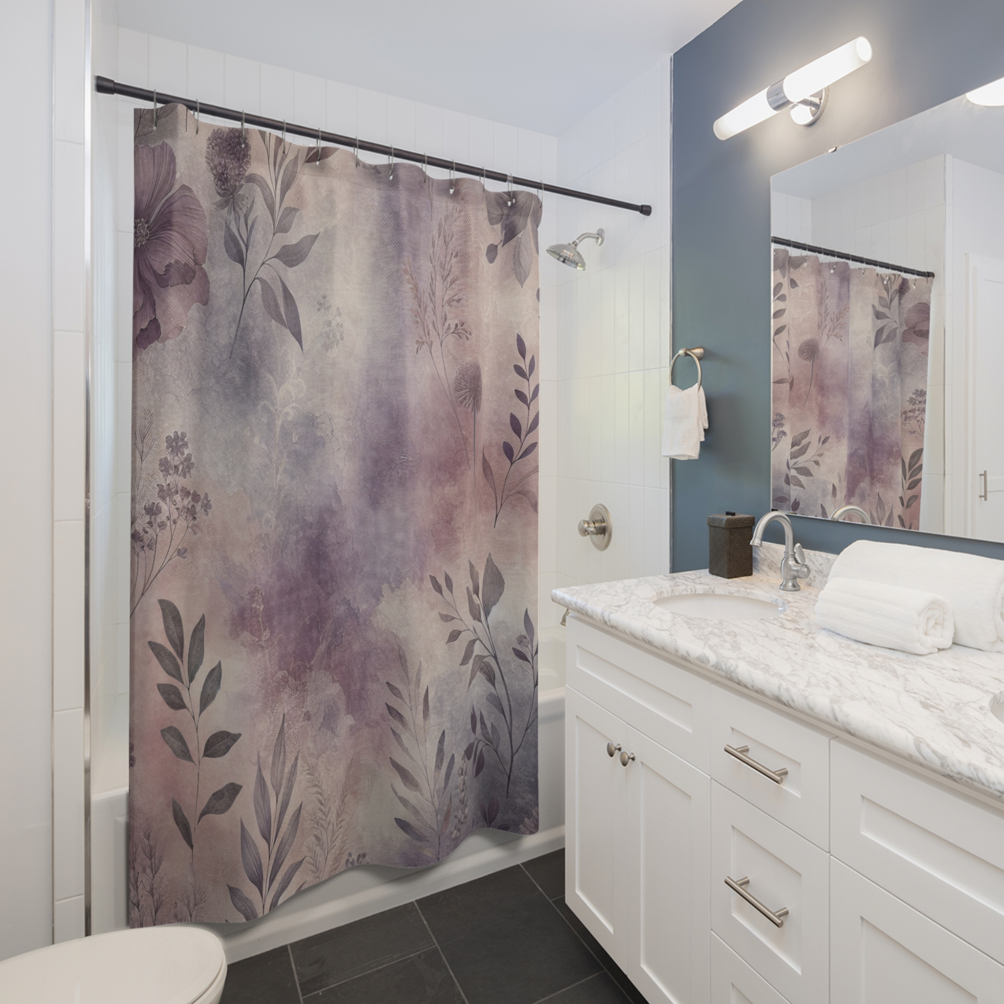 Lavender Mist Botanicals – Vintage Floral Leaf Print Shower Curtain