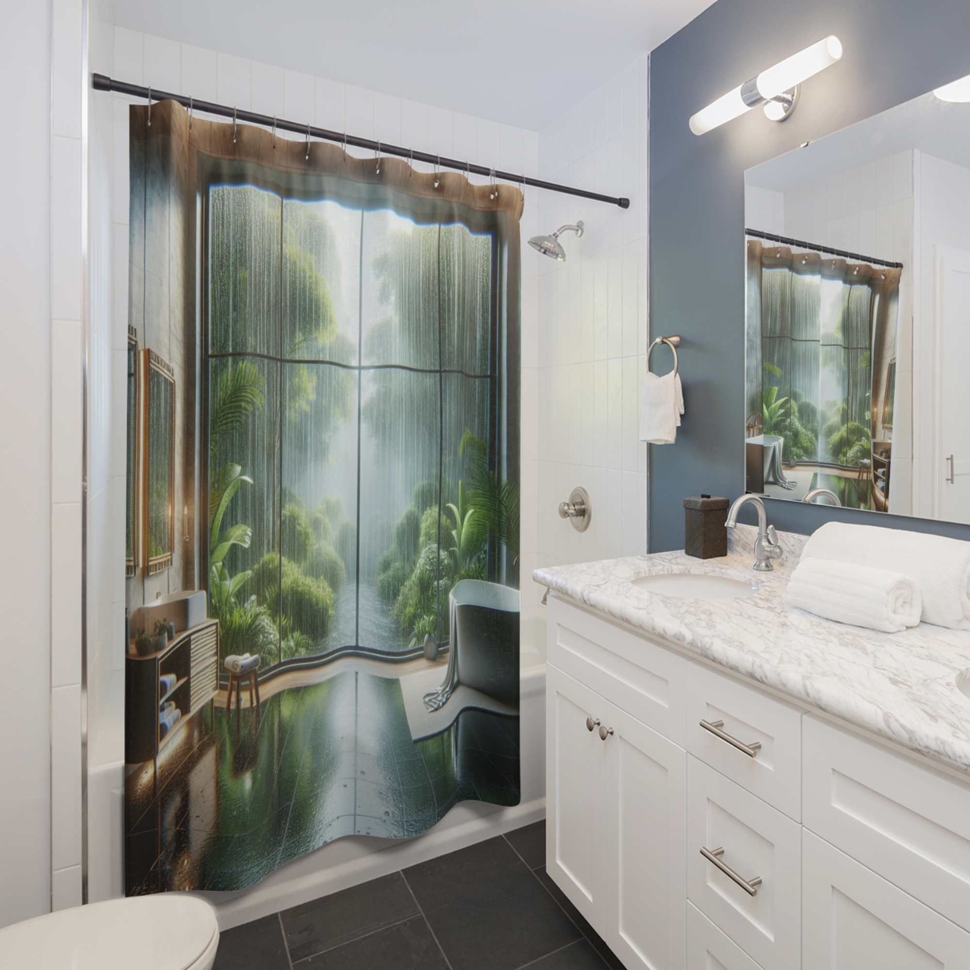 Lush Jungle Bathroom View – Rainforest Serenity Shower Curtain