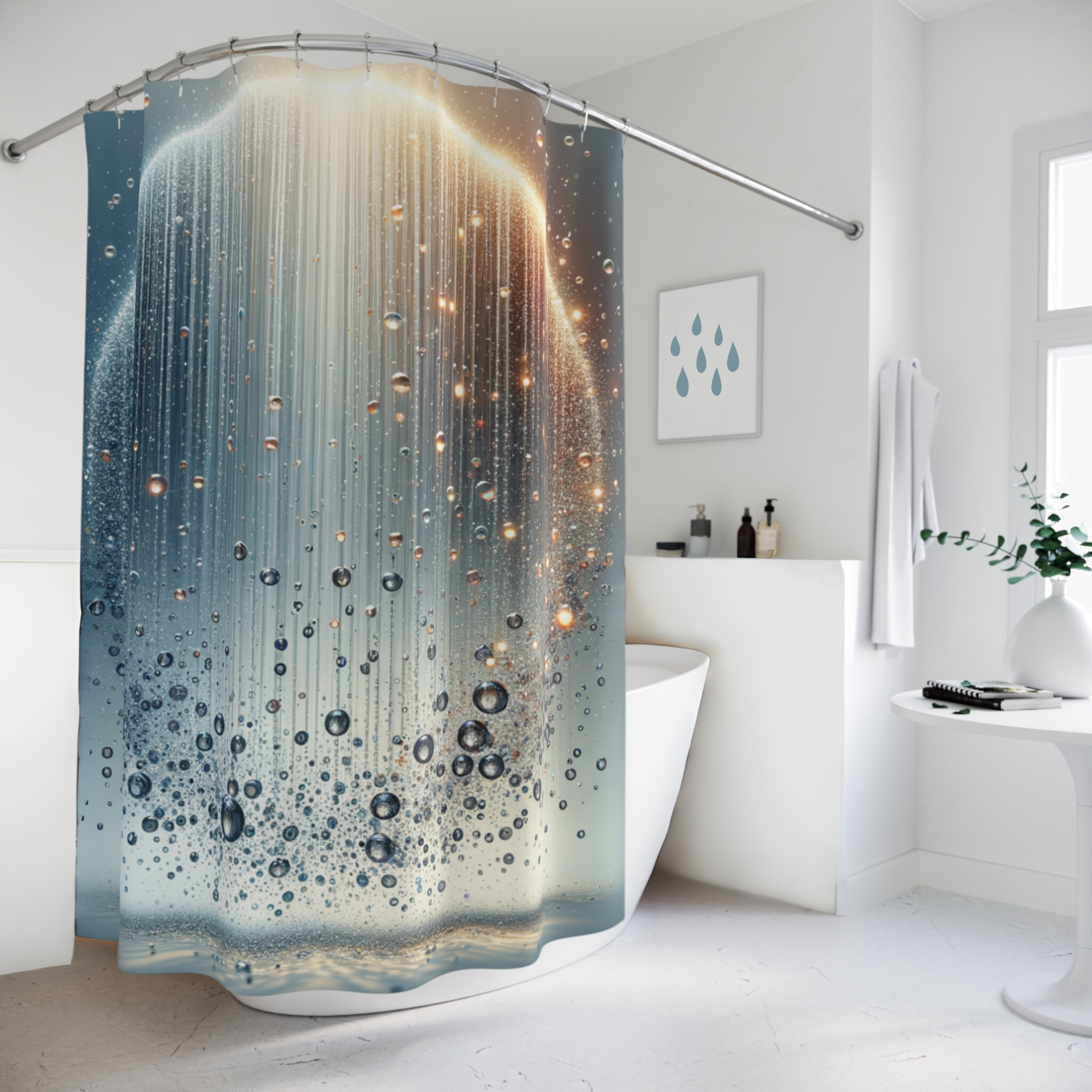 Celestial Droplet Glow – Abstract Water Sphere Shower Curtain