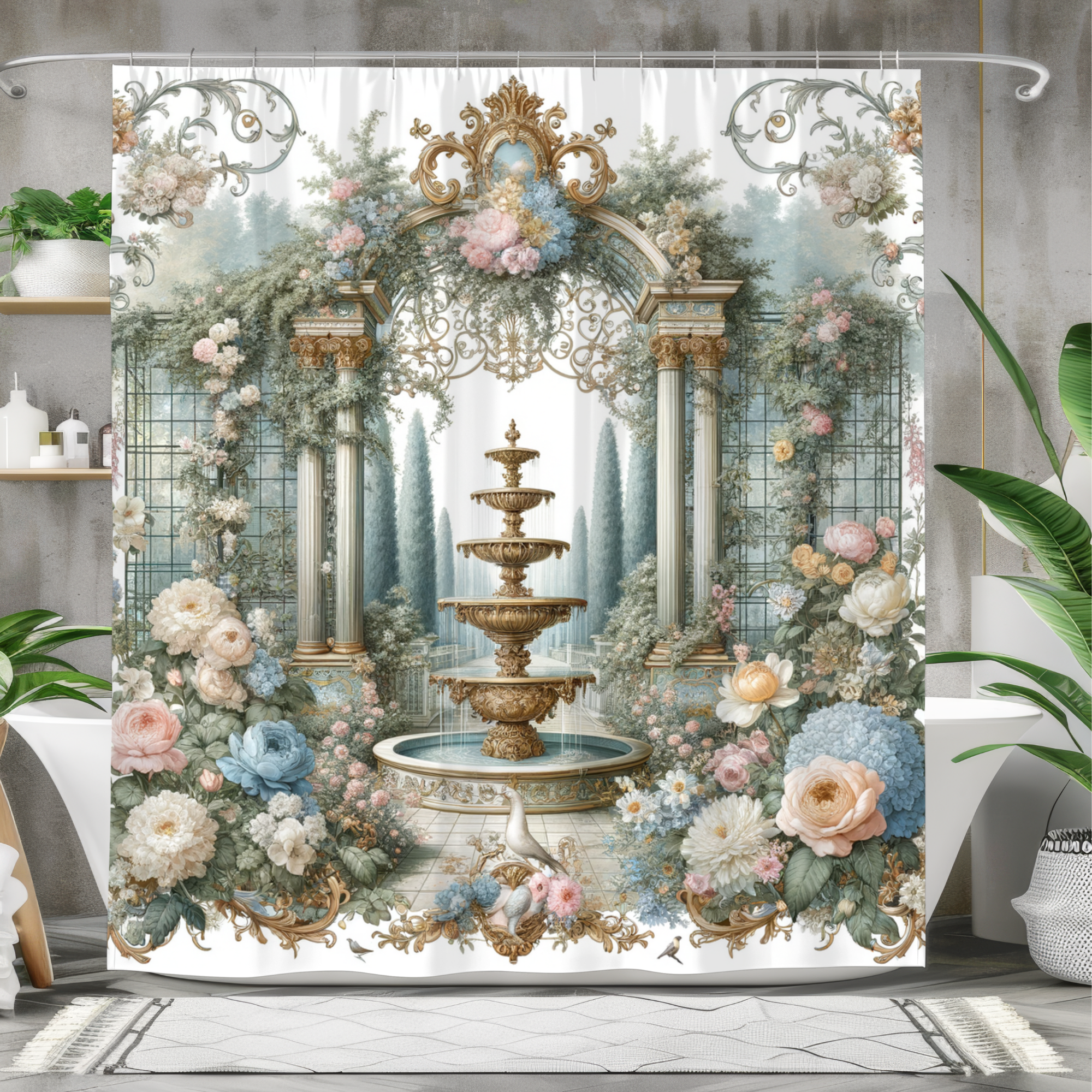 French Garden Fountain – Romantic Floral Archway Shower Curtain
