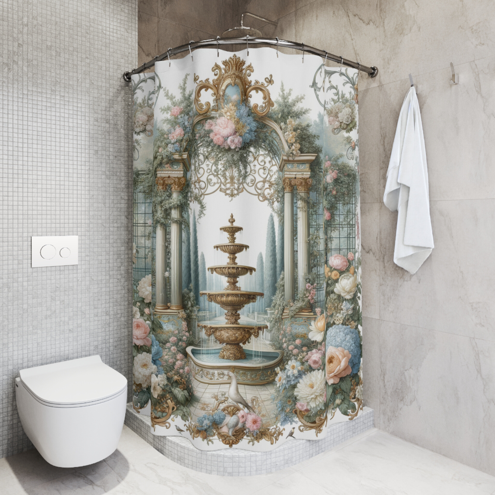 French Garden Fountain – Romantic Floral Archway Shower Curtain