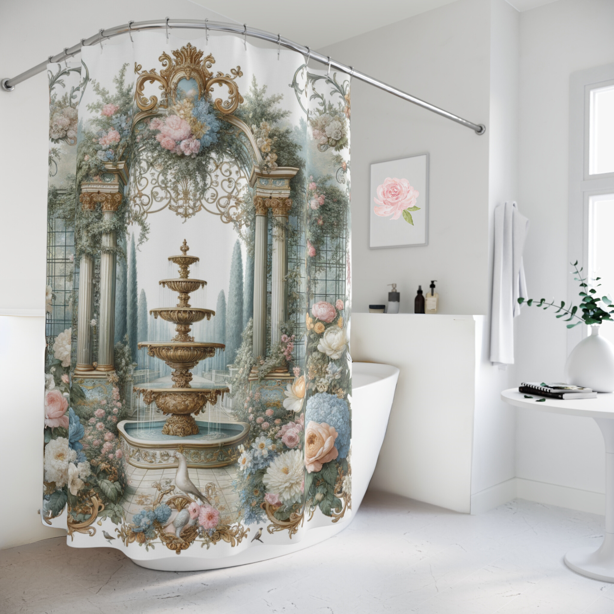 French Garden Fountain – Romantic Floral Archway Shower Curtain