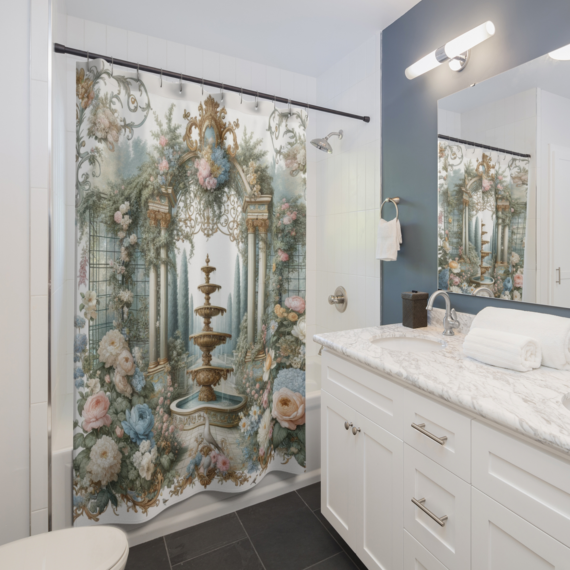 French Garden Fountain – Romantic Floral Archway Shower Curtain