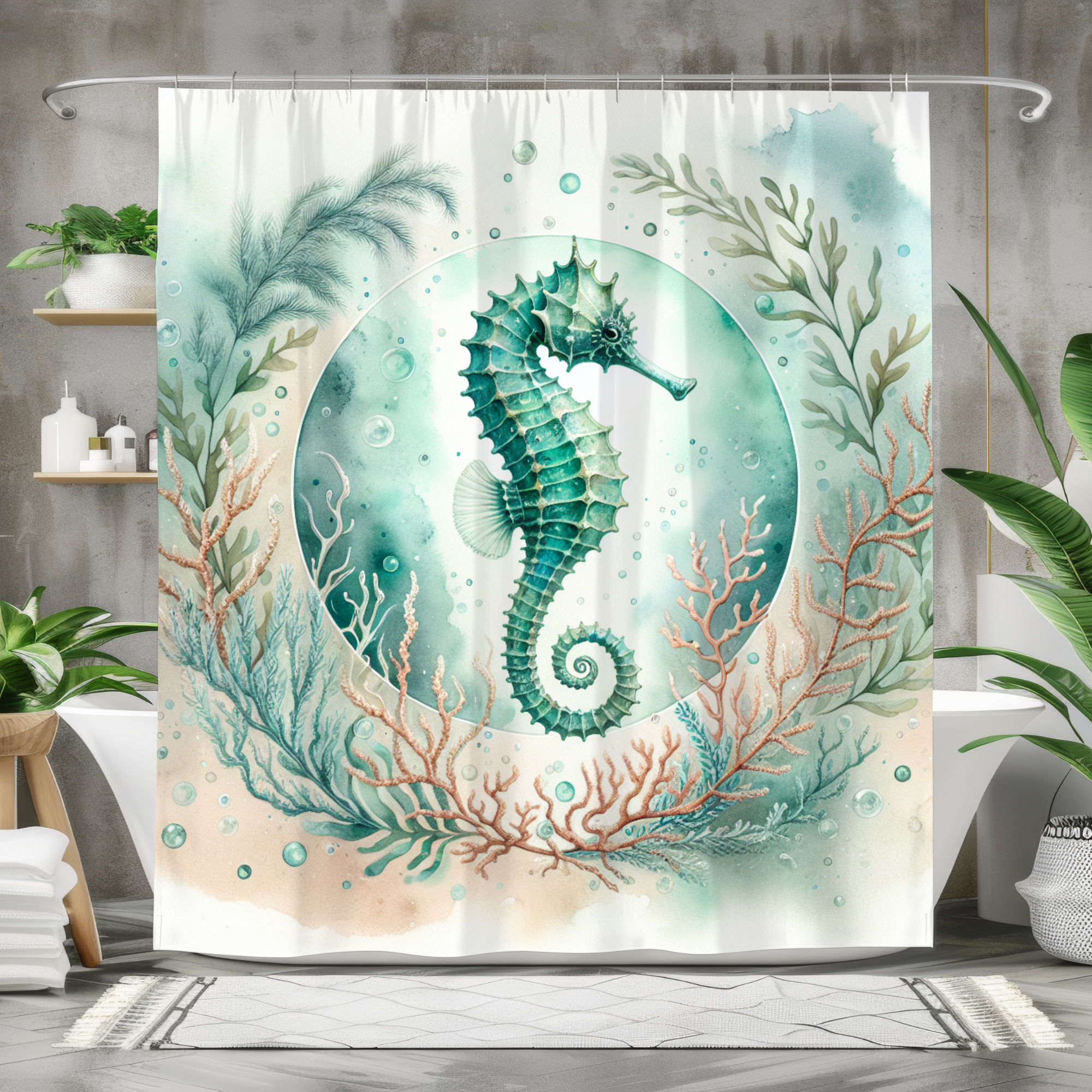 Seahorse in Coral Reef Circle – Elegant Coastal Ocean Shower Curtain