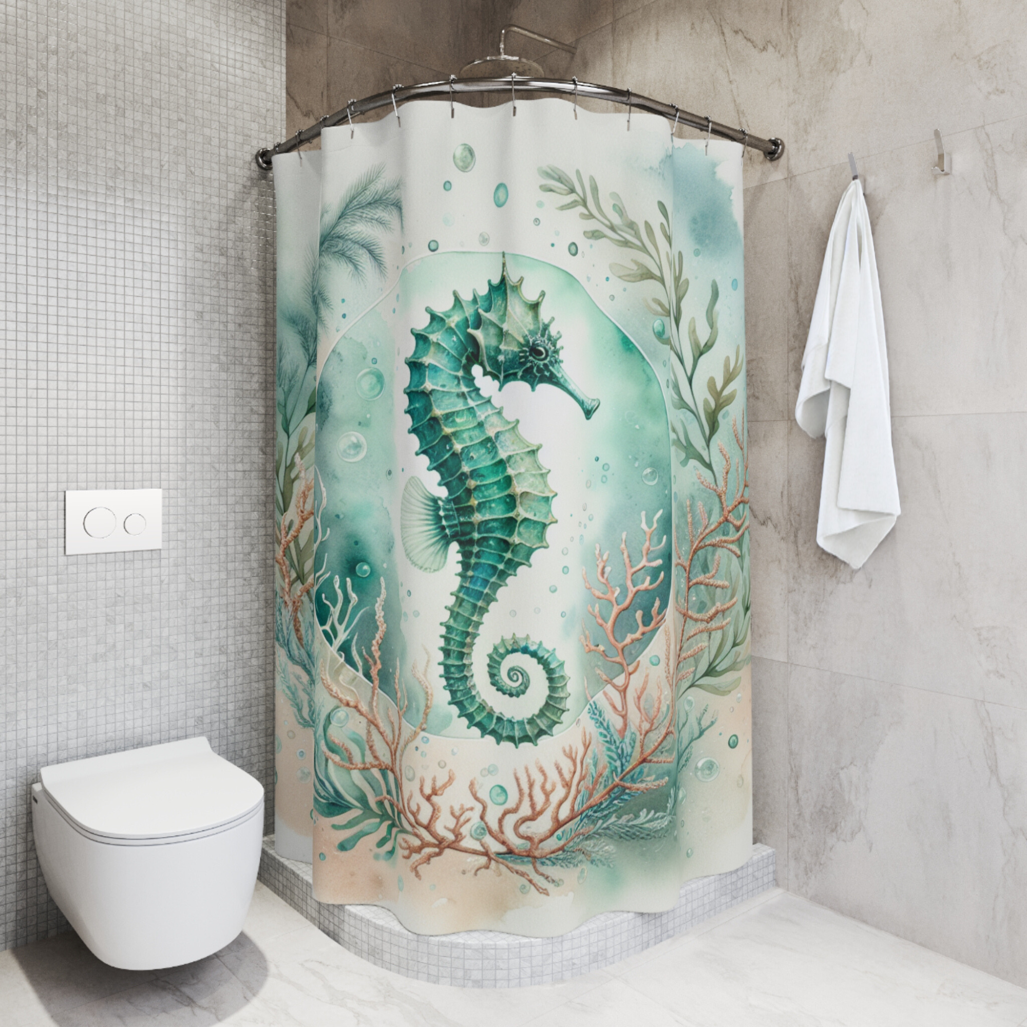 Seahorse in Coral Reef Circle – Elegant Coastal Ocean Shower Curtain