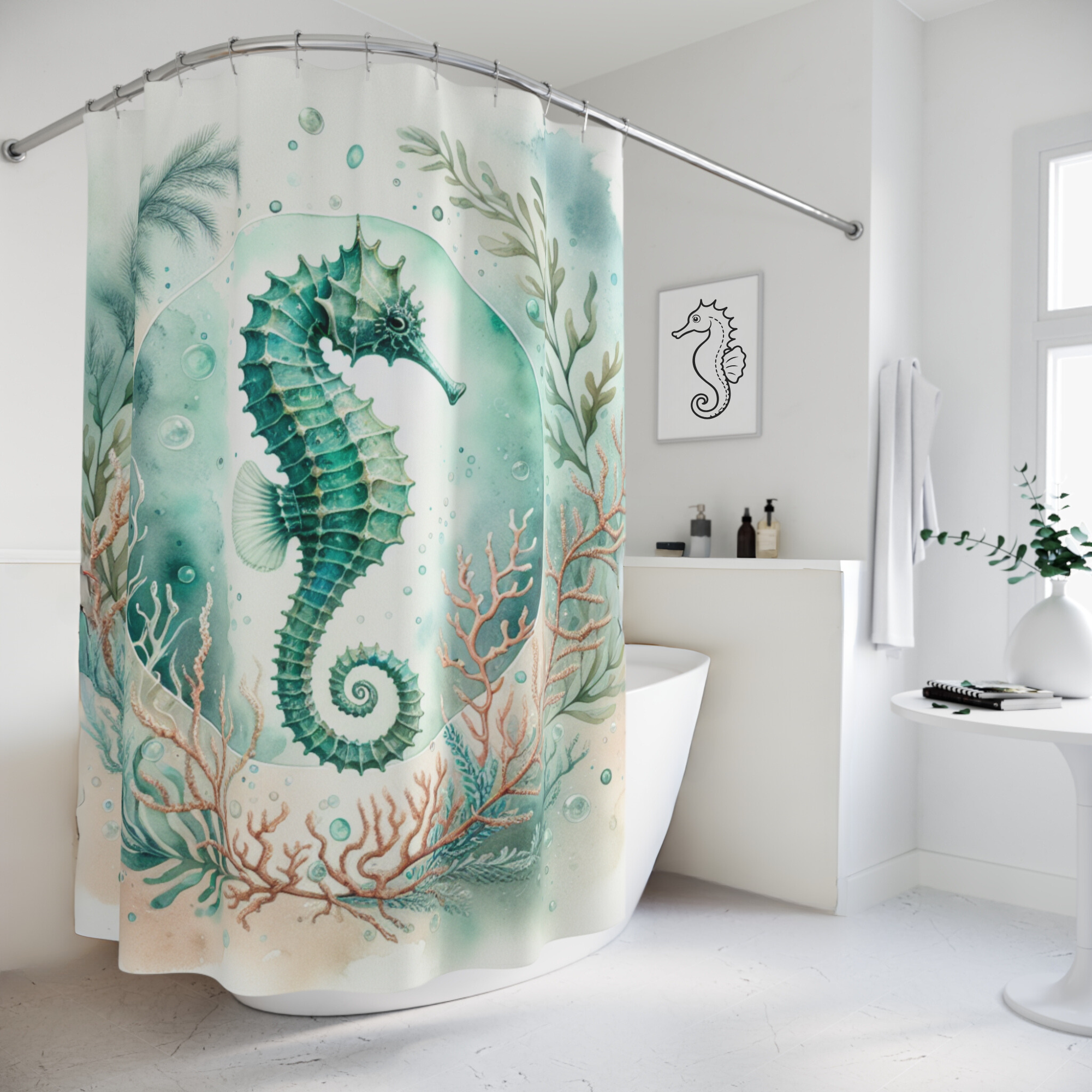 Seahorse in Coral Reef Circle – Elegant Coastal Ocean Shower Curtain