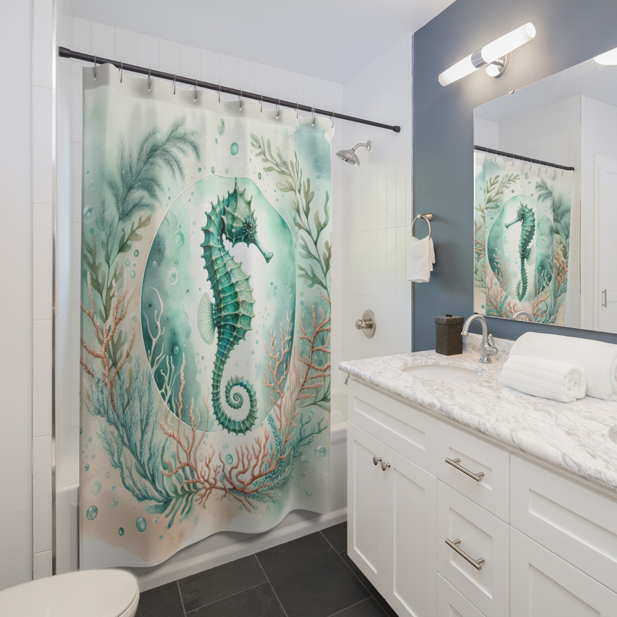 Seahorse in Coral Reef Circle – Elegant Coastal Ocean Shower Curtain