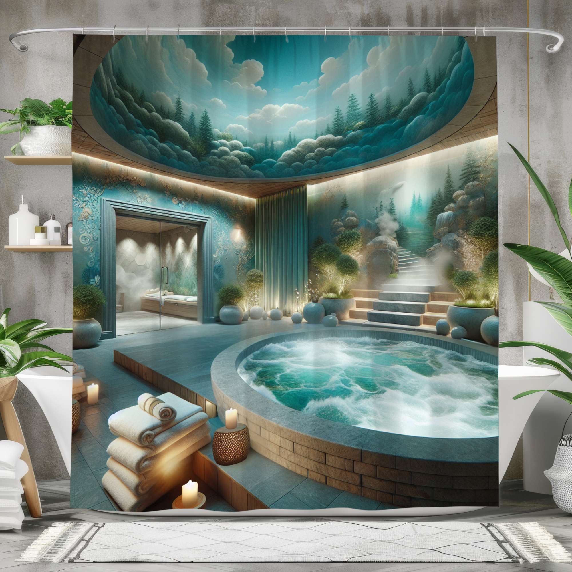 Mystical Spa Sanctuary – Blue Forest Hot Spring Shower Curtain