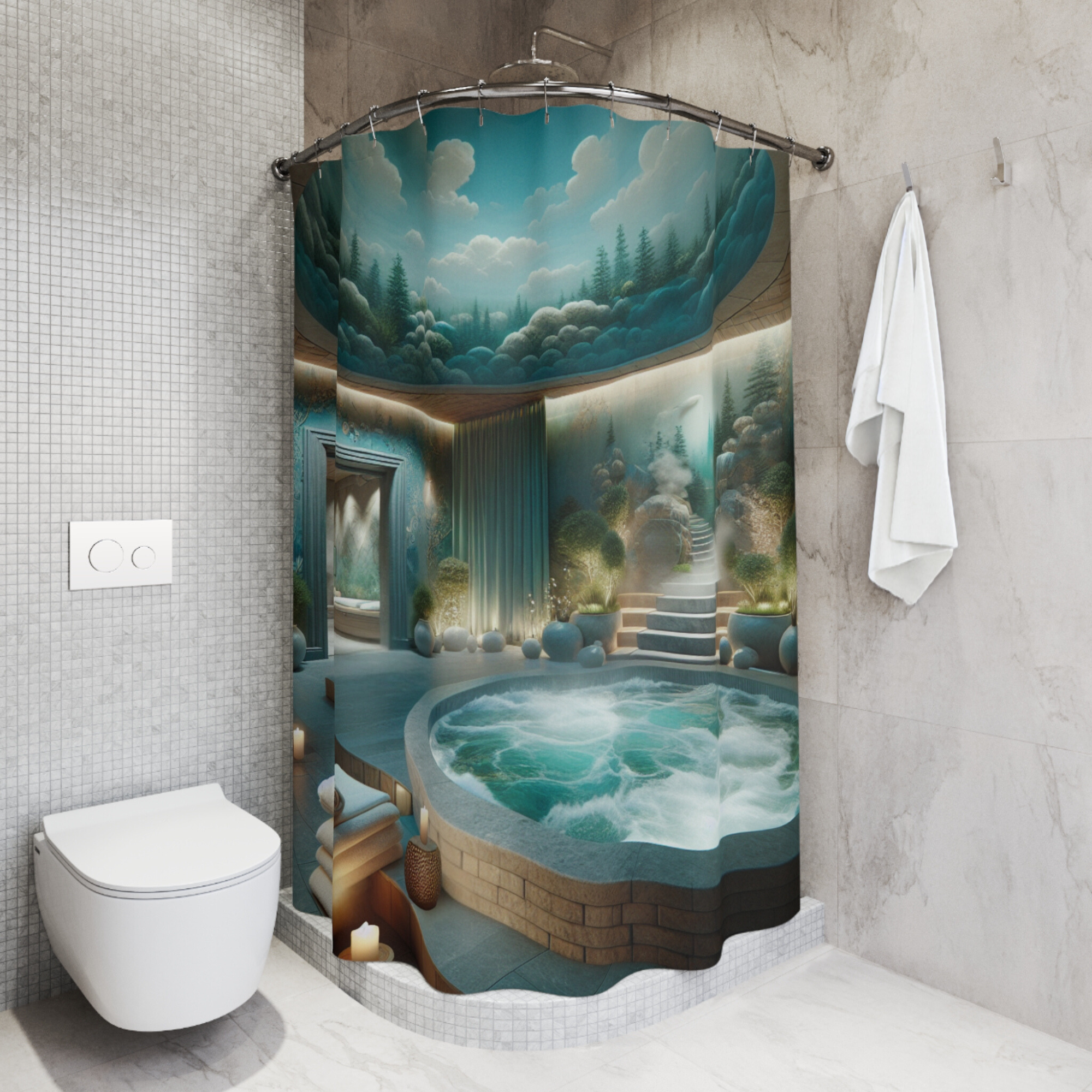 Mystical Spa Sanctuary – Blue Forest Hot Spring Shower Curtain